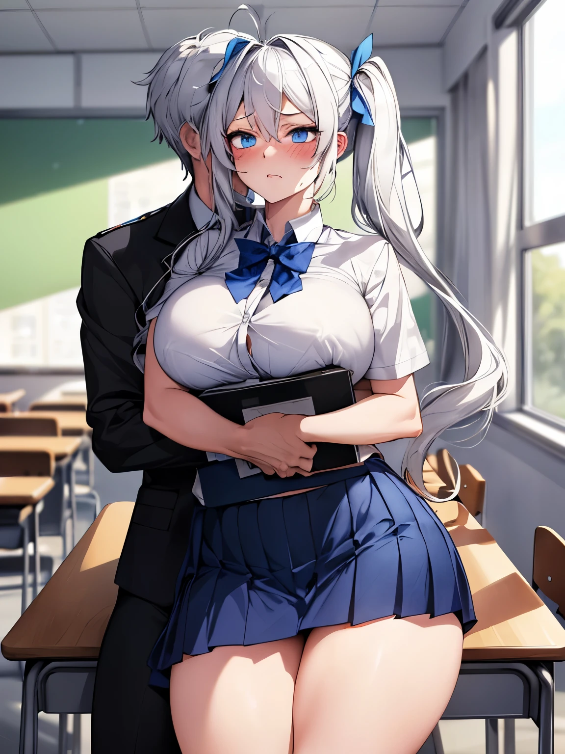 An embarassed white twintail girl with big breasts and thighs studying with a boy that has white hair and blue eyes in the classroom, sfw, proper uniform, skirt, hugging