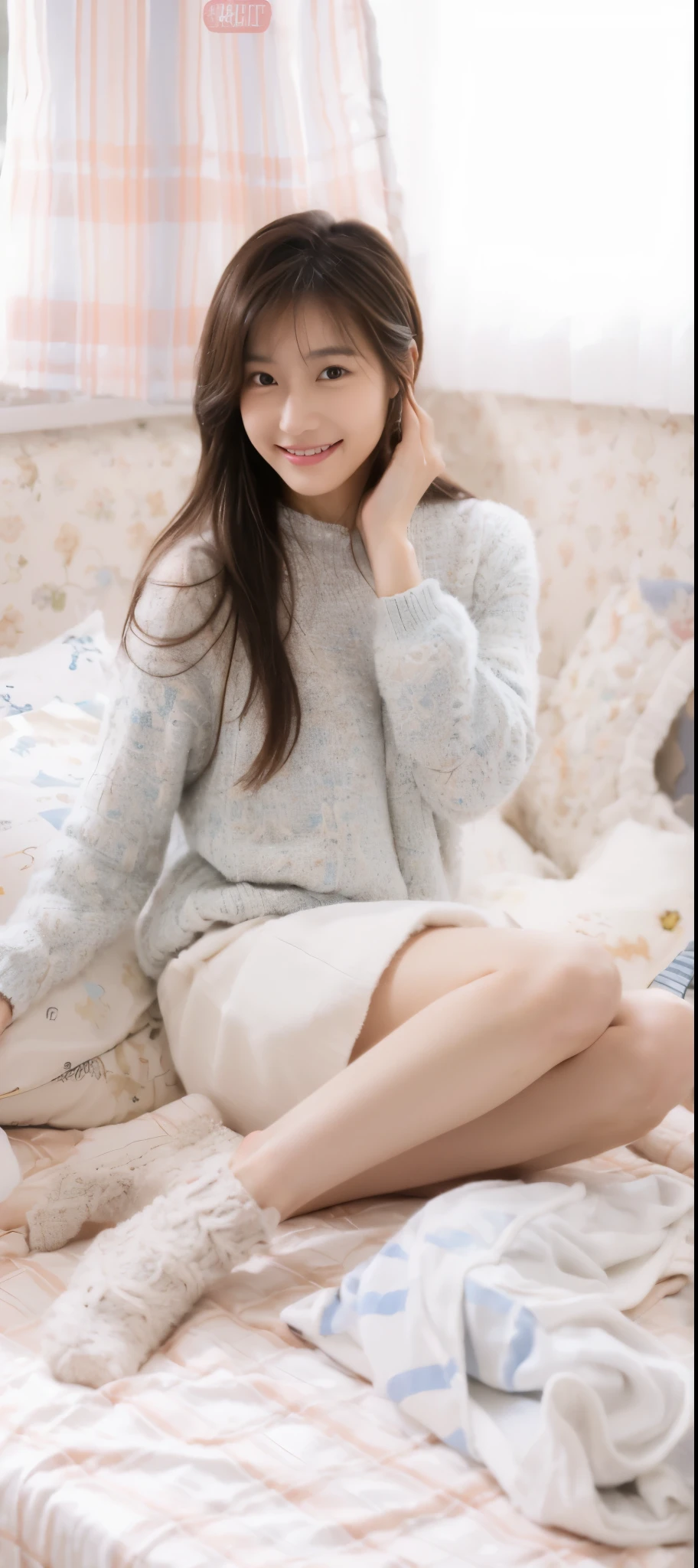 ((Masterpiece, Top image quality, high resolution、solo、small 、sleeveless on land、track and field athlete、high ponytail hairstyle、Not wearing、Whole BodyEsbian、a smile、smile slightly、Tekatka skin、shiny skin))(on the table, best quality, realistically, Super detailed, meticulous, high resolution, 8k wallpaper), Close-up portrait of a beautiful woman, Chariada, smiling, light brown messy hair, Perfect dynamic composition, 美丽meticulous的眼睛, Just like the cover of a fashion magazine, on campus