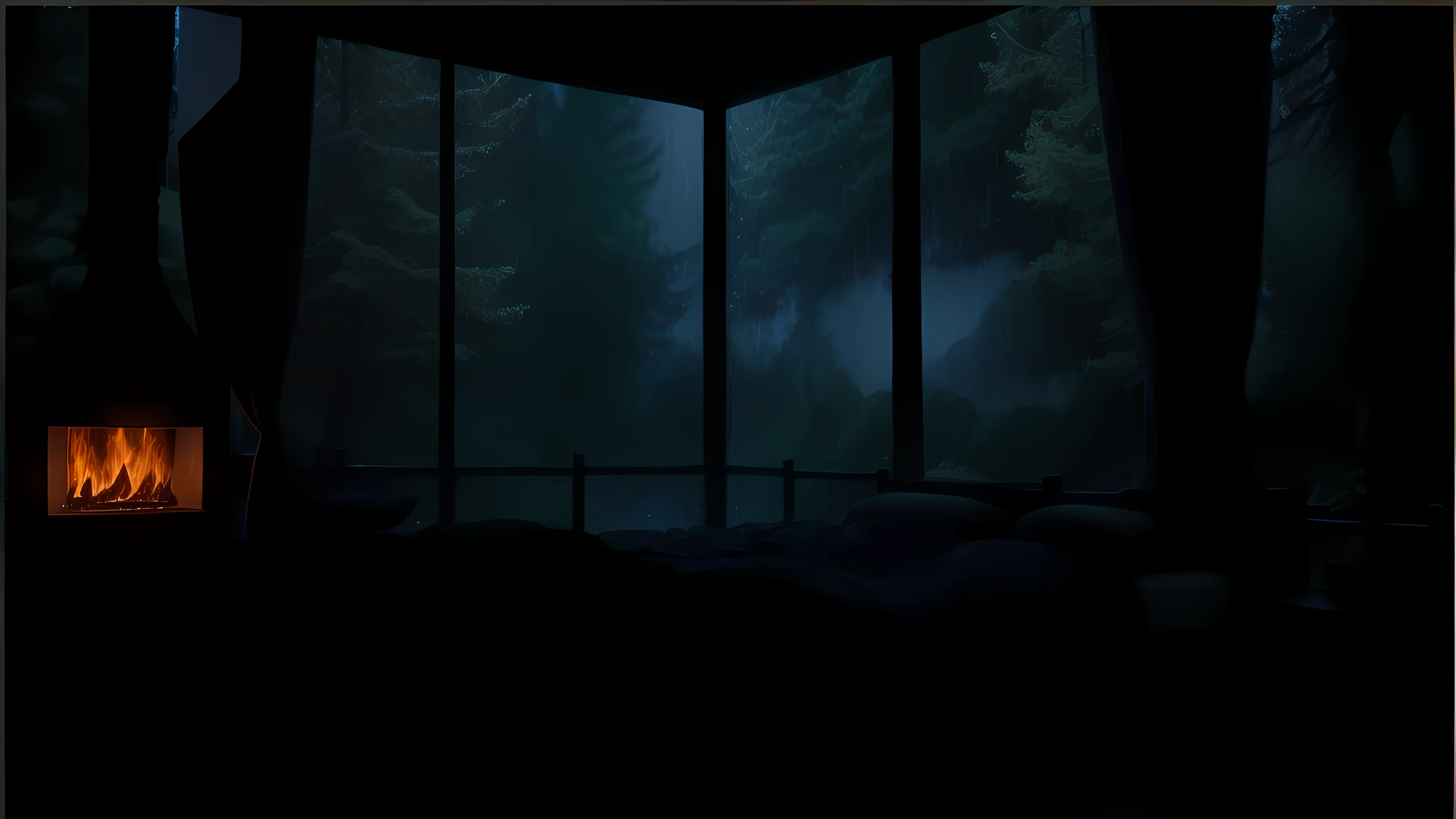 arafed bedroom with fire in the fireplace and forest view, rain falling, rainy night, rain at night, night and rain, very cozy atmosphere, large windows to the forest at night, late night rain, rainy night, dark glowing rain, aesthetic rain, comfortable rain, heavy rainy night, stormy night, calm night. digital illustration, rain outside the window, cinematic, 8k