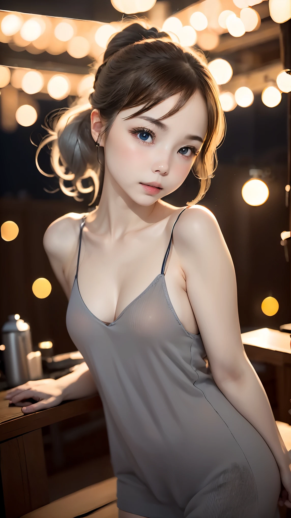 one girl、Ash gray hair、charming eyes、shortcut、ponytail、plump lips、camisole dress、beautiful skin、small breasts、breasts are small、night time、Against the backdrop of a stunning night view、You can see the night view in the distance、RAW photo、highest quality、ultra high resolution、high resolution、master piece:1.3、８ｋ、professional photographer、