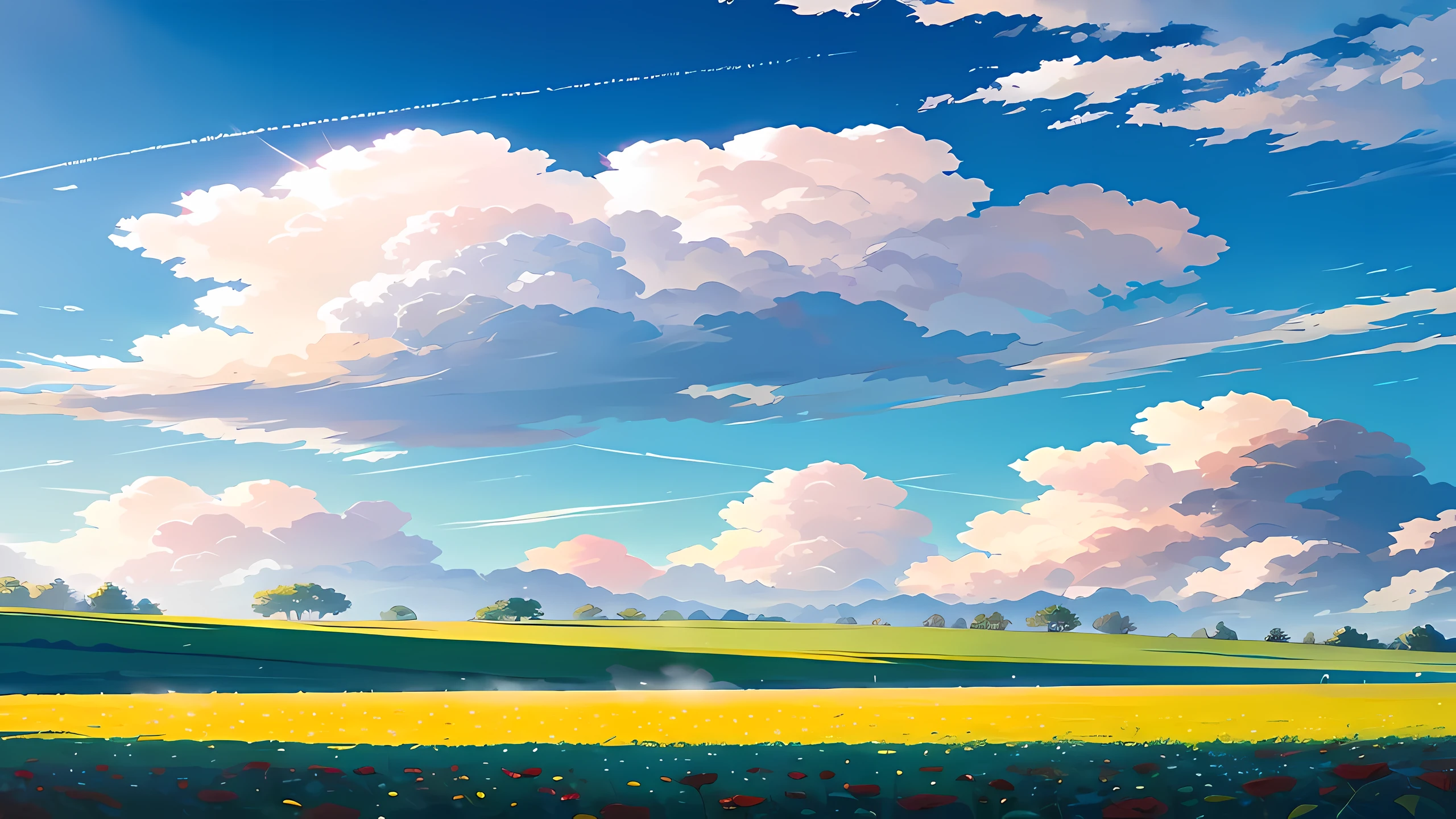 A field of flowers, clouds, blue sky, grass, sun rays, flat, romantic, mature, roses