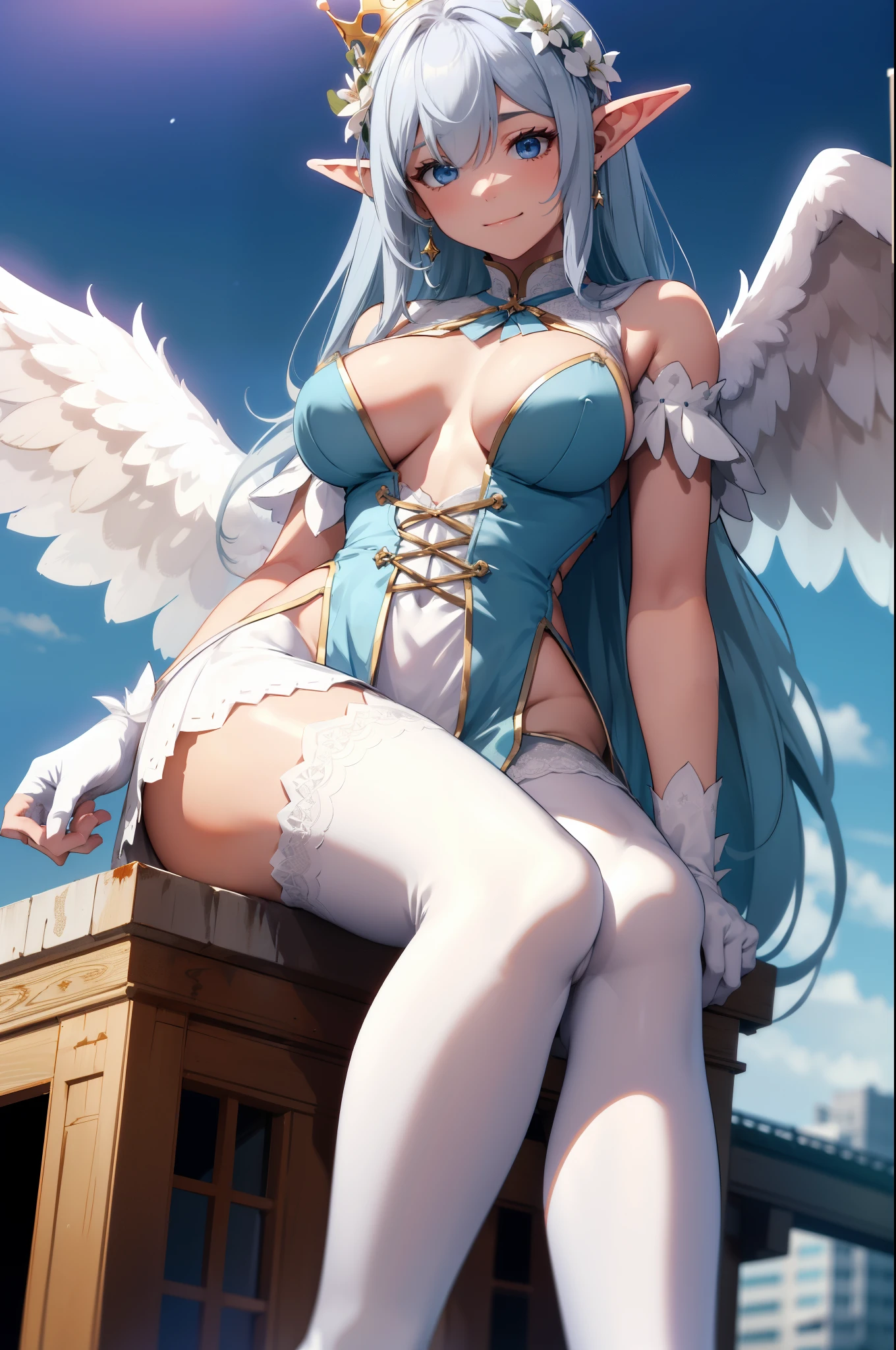 giant girl 50,000 feet high,Weight 1000kg,Has a pair of long legs,Open your eyes wide,Has a pair of huge white angel wings,With huge devil horns on his head,crown on head,Elf wearing white earrings,She has long white hair that reaches her feet,loose hair,White wavy long curly hair,Bangs,Wearing a pair of white boots,White lace gloves,White lace pantyhose,Pantyhose with bow and star decorations,白色蕾丝whole body,sitting on a tall building,Beautiful appearance,Exquisite makeup,quality,8k,高quality,Perfect proportion, Cinema lighting,film grain,Fuji colors,8k,textured skin,Super details,high detail,high resolution,fake smile,blood stains,脚底有blood stains,whole body,Obese,elf princess,feather,flowers