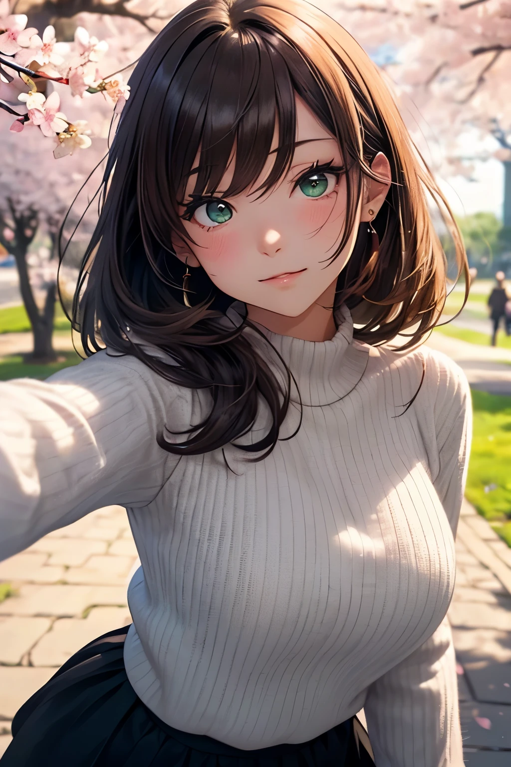 ((masutepiece, Best Quality, hight resolution, nffsw, Perfect Pixel, depth of fields, 4K, nffsw, nffsw))), 1girl in, Single, Solo, Beautiful anime girl, Beautiful Art Style, Anime Character, ((Long hair, Bangs, Brown hair)), ((Green eyes:1.4, rounded eyes, Beautiful eyelashes, Realistic eyes)), ((Detailed face, Blushing:1.2)), ((Smooth texture:0.75, Realistic texture:0.65, Photorealistic:1.1, Anime CG style)), ((large breasts, busty)), Dynamic Angle, Perfect body, (((POV, Selfie Pose, Portrait))), ((White sweater, Long sleeve, Black skirt, Fashionable)), Smile, Open mouth, college campus, ((The cherry tree, Cherry blossoms fall))