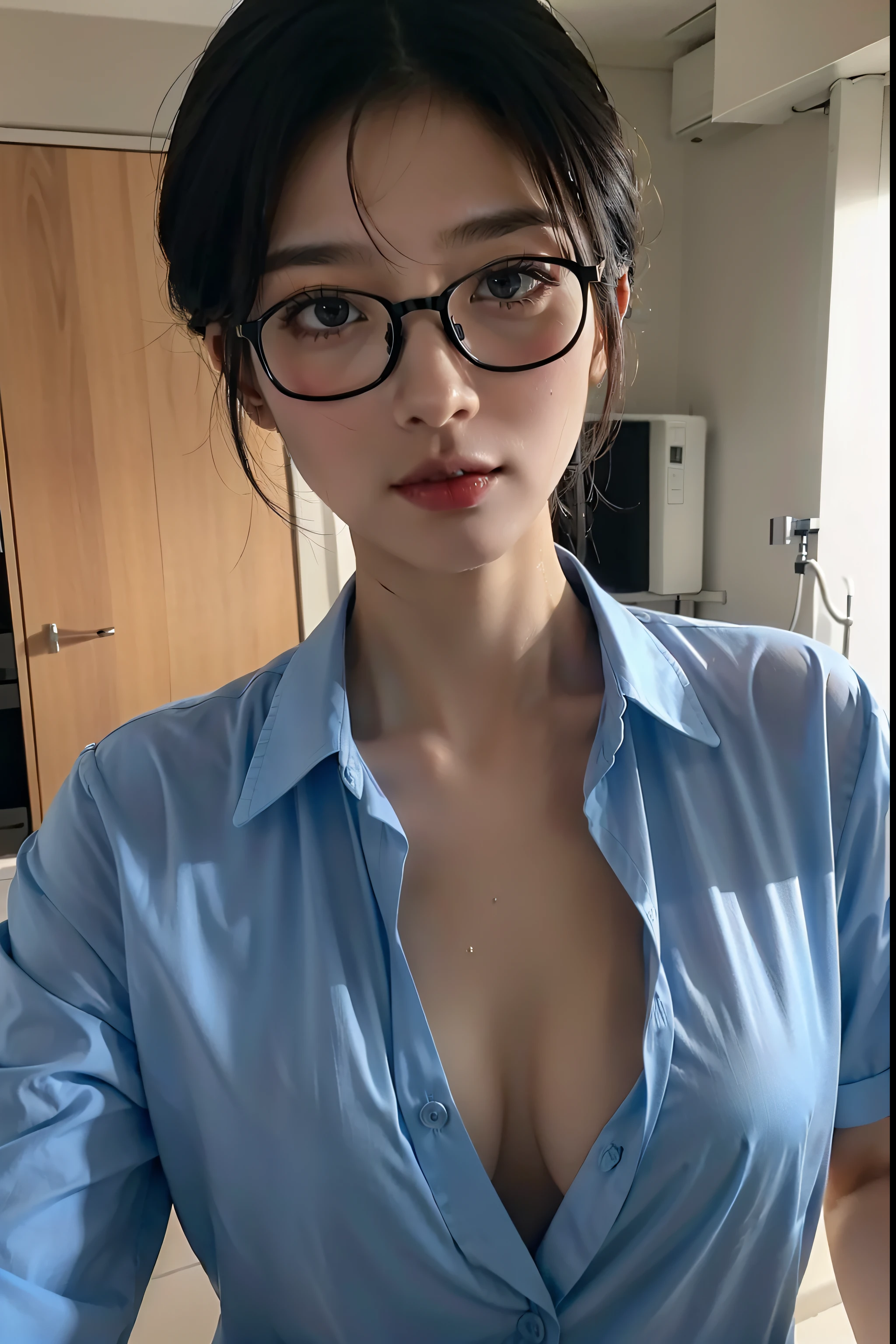 ((top-quality、8K、​masterpiece:1.3))、sharp:1.2、Perfect Body Beauty:1.4、Slim abs:1.2、Black-rimmed glasses、A dark-haired、short-cut、huge tit、(Wet light blue button long shirt:1.1)、nurse's outfit、I can almost see my chest、Highly detailed facial and skin texture、A detailed eye、二重まぶた、Aspect of looking at the camera、In the hospital、Hospital Room