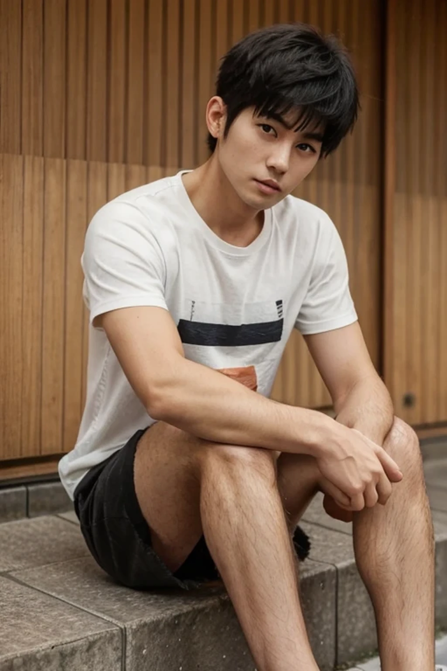 ((hairy legs)), (super sharp focus),toned legs, whole body, two block, messy shortt hair, long legs, Japan Male, 27 years old, wearing shorts, wearing a t-shirt, very short hair, black hair, sitting