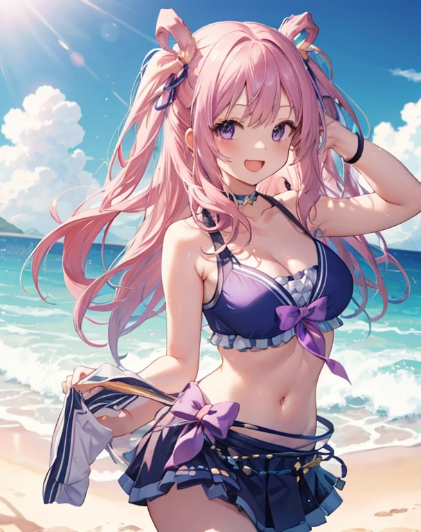 ((female)), (very messy pink hair), pigtails, (smile), fangs, ((ripped abdomen)), toned arms and legs, medium breasts, (summer beach scene), blue eyes, yacht in the background, (((best quality))), standing, barefoot