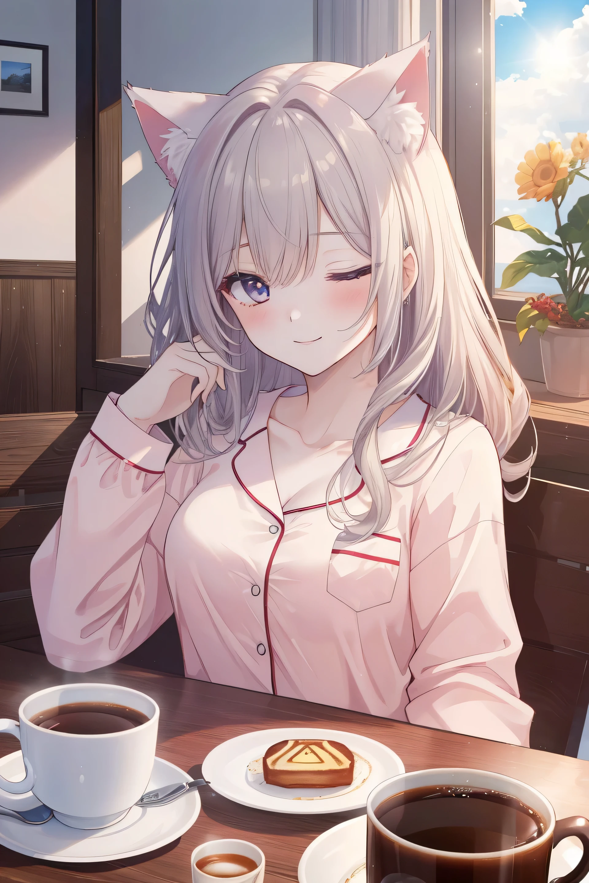 ((masterpiece, highest quality, 8K, High resolution:1.3)), girl, Cat ear, white skin, medium breasts, pointed chest, cup of coffee, Life, pajamas, sleepy, smile, sunlight, breakfast