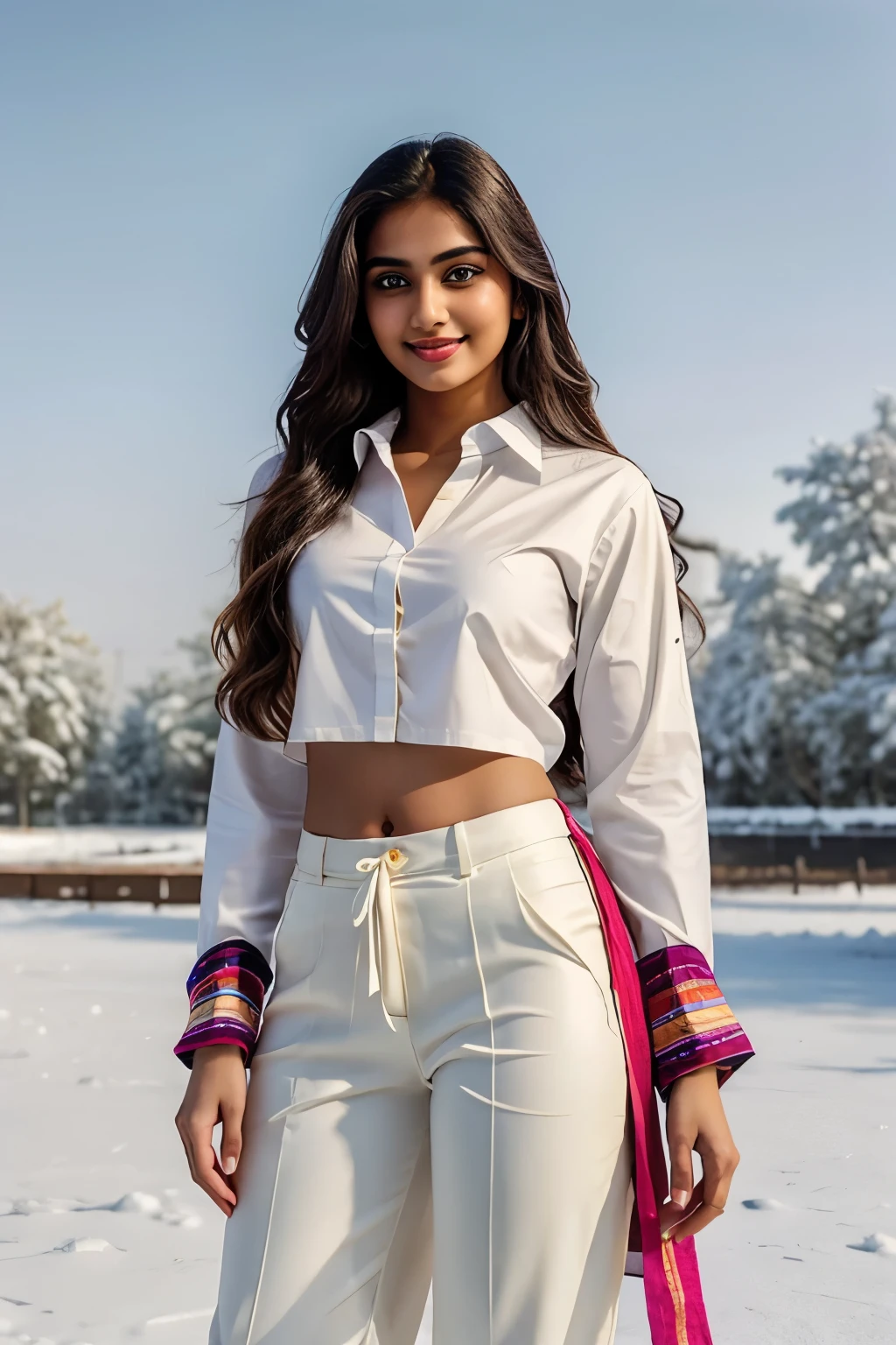 lovely cute young attractive Indian girl, 19 years old, brown eyes, radiant smile, an emerging Instagram model, long blonde hair adorned with vibrant ribbons, embracing the winter chill, Indian heritage shining through, dressed in a pristine white shirt and sleek black pants, captivating audience with her charm and allure.