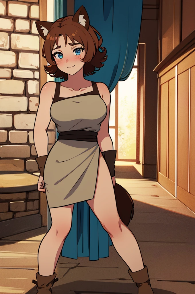 1 girl, solo, semi-large breast, ((hot)), attractive, look at viewer, blush, Irma, Irma_lair, short hair, curls, brown hair, light blue eyes, joy, blush, slight smile, 25 years old, Brown Wolf Tail, Brown wolf Ears, brown fur on shoulders, brown fur on legs, ancient greek clothes, medieval room 