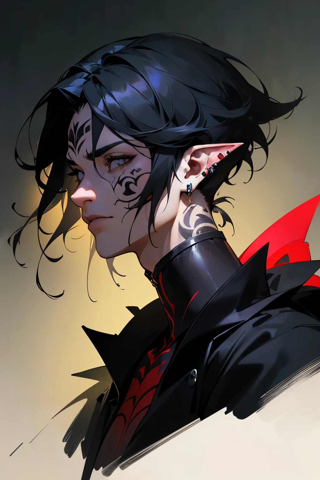 masterpiece, Best quality, Realistic, ((guy dark prince)), (adult:1.3), villain, Hair tousled, ((black hair color)), Black eyes, Black clothing color, black crown on the head, (detailed black face tattoo:1.2), elf ears, portrait, very detailed face, athletic body, high, Detailed light background, (Beautiful:1.4), (alpha:1.4), naked torso, Inflated body, (predator), dangerous, cunning, sharp facial features, (masculine:1.3), (dark circles under the eyes:1.3), proud, ear piercing, (web:1.3), Sakimical Frank Franchetta, Heise Jinyao