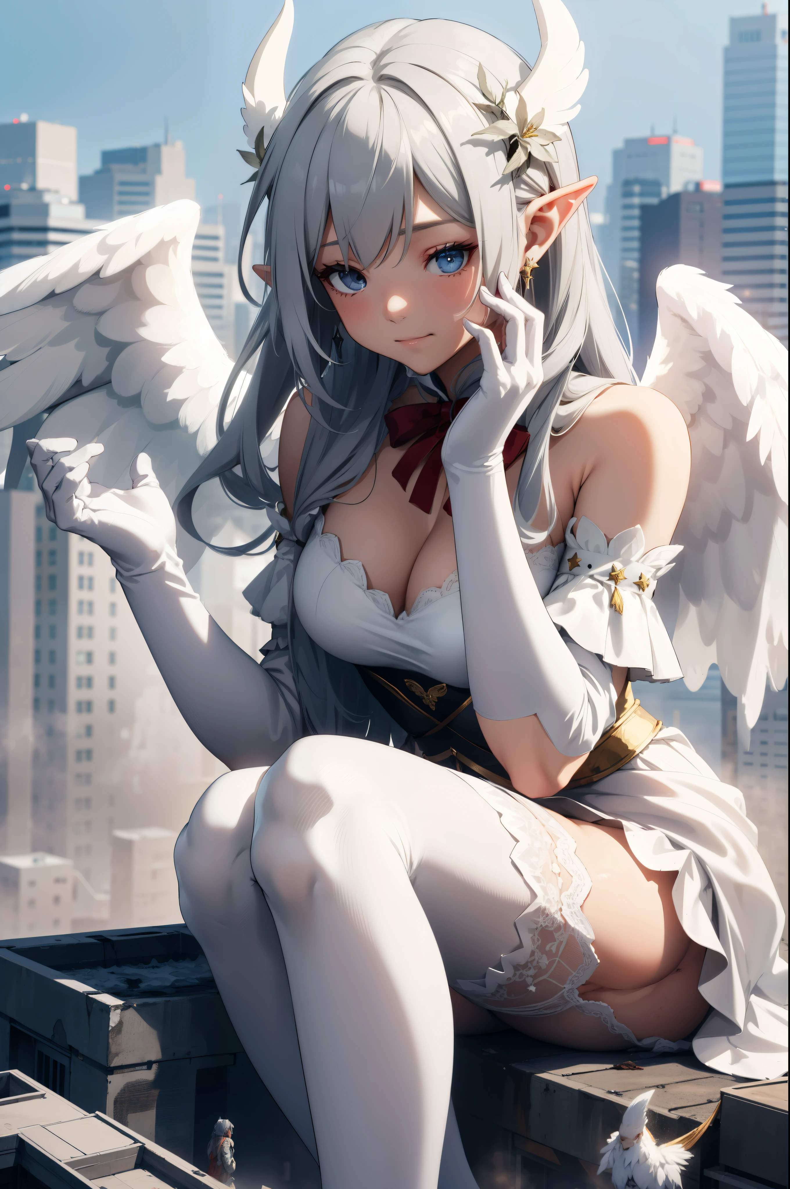 giant girl 50,000 feet high,Weight 1000kg,Have a pair of long legs,Keep your eyes open,Has a pair of huge white angel wings,With huge devil horns on his head,wear a crown on your head,Elf wearing white earrings,She has white hair that reaches her feet,loose hair,Long white wavy hair,Bangs,Wearing a pair of white boots on her feet,White lace gloves,White lace pantyhose,Bow and star embellished tights,白色蕾丝whole body,Sit on a tall building,Beautiful appearance,Exquisite makeup,quality,8k,高quality,Perfect proportion, Cinema lighting,film grain,Fuji colors,8k,textured skin,Super details,high detail,high resolution,fake smile,blood stains,脚底有blood stains,whole body,fat,elf princess,feather,flowers
