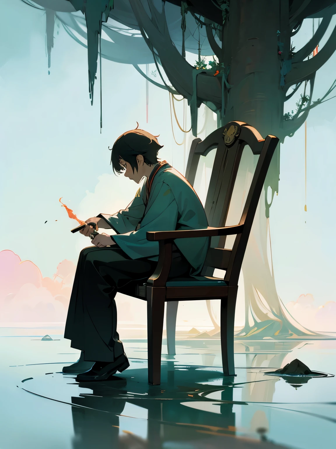 John Atherton, Shigeru Tamura, Surreal, mysterious, strange, fantastical, fantasy, Sci-fi, Japanese anime, evolution from chair to human, metaphysics, journey without portent, detailed masterpiece 