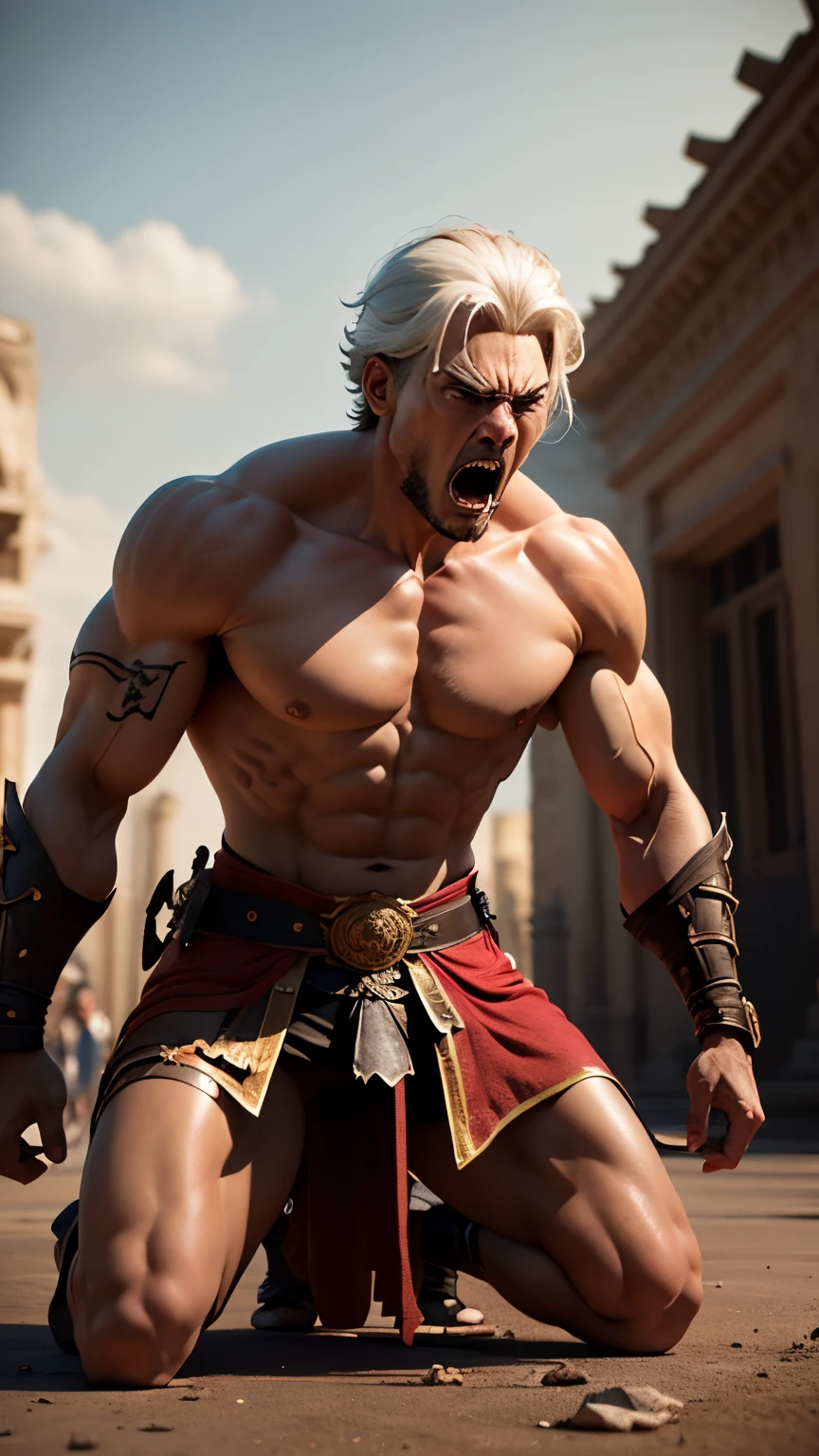(Professional 3D rendering:1.3) de (Realistic:1.3), 480 bc, Kneeling, screaming, king of persia, 20 years old, Handsome, angry, white haired, Wearing no tops, (background: corpses of knights:1.2) , muscular, white haired, very angry, angry expression, shouting, battleground, ((서사적 영웅 판타지 거친 근육질 남자 젖은 영웅 angry expression 긴 머리 짧은 수염과 역동적인 포즈의 격렬한 표정, fantastic location)),