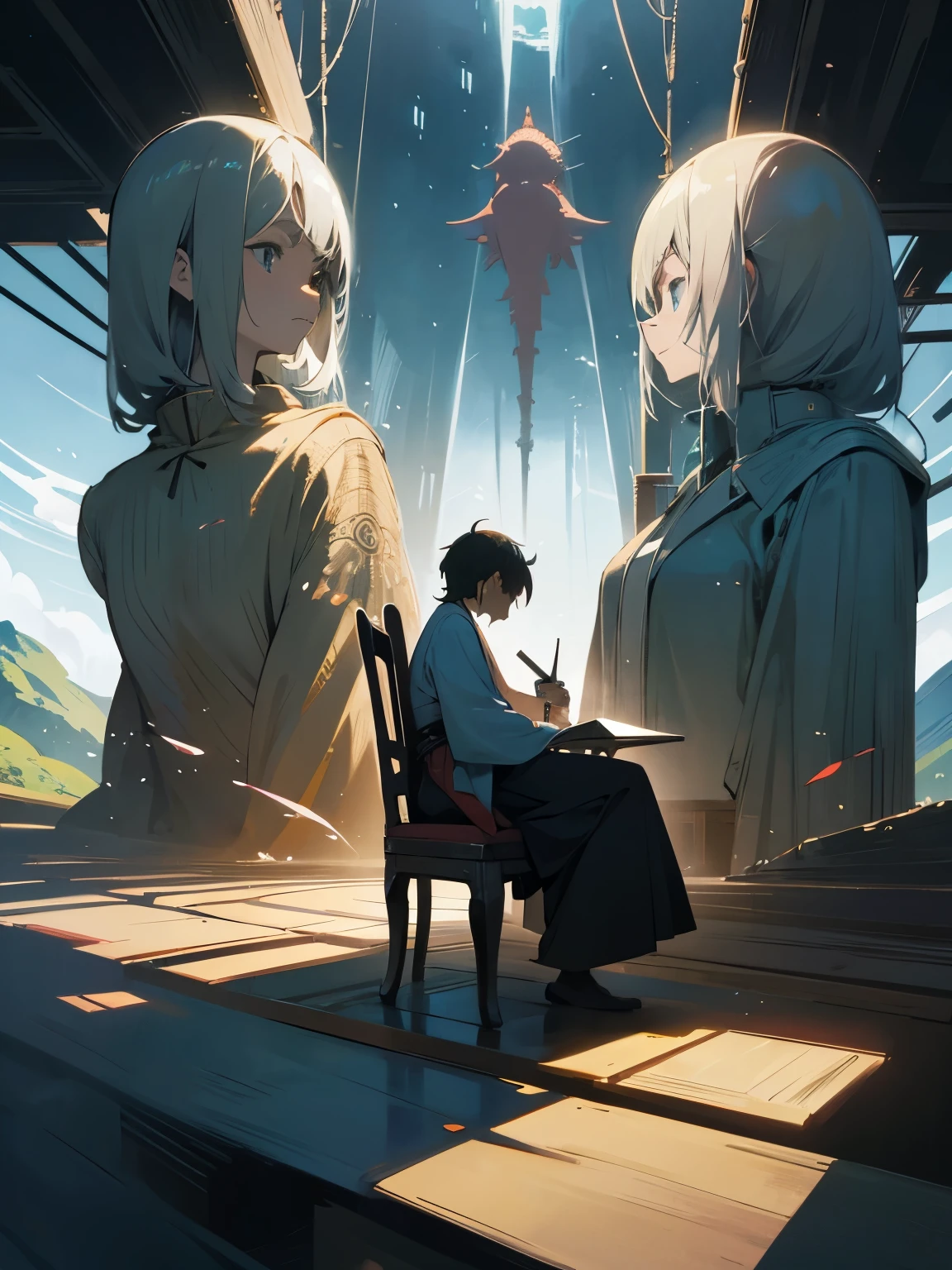 John Atherton, Shigeru Tamura, Surreal, mysterious, strange, fantastical, fantasy, Sci-fi, Japanese anime, evolution from chair to human, metaphysics, journey without portent, detailed masterpiece 