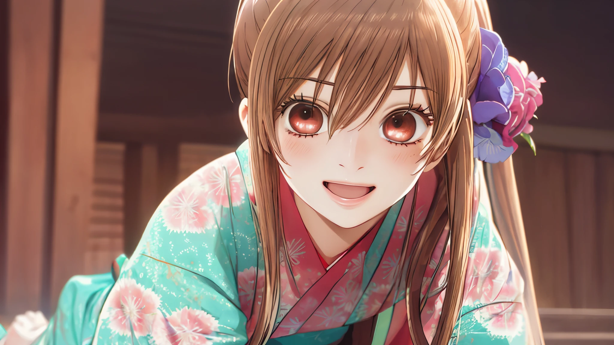 master piece, best quality, 8k, 超High resolution, highest quality, anime style, best writing, beautiful face, smile, 1 girl, open your mouth, smile, highest quality, High resolution, intricate details, highest quality, chromatic aberration, brown hair, ponytail, 1 girl, alone, kimono, kimono, Purple Hakama, crawl on all fours, whole body, long hair, thighs, long hair, hair ornaments, (face focus:1.3), reach out