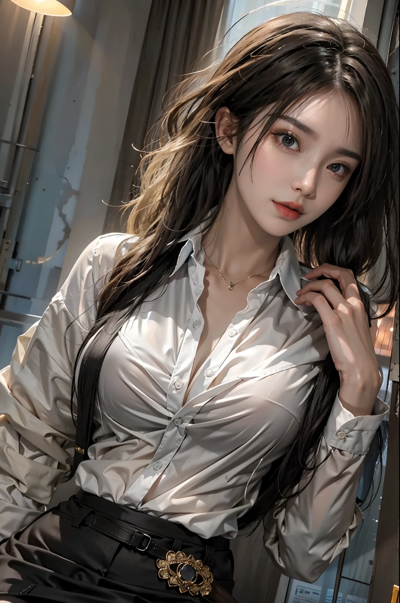 realistic, High resolution, soft light,1 female, alone, hip up, glowing skin, (detailed face),tattoo, jewelry, Secretarial Uniform, white shirt, black skirt, black stockings, garter belt, night, blonde hair, wavy hair, Beautiful Soldier, Eyes that invite the viewer, lover's perspective, an inviting look, sexy smile, perfect style, perfect balance, fine skin, naughty look, I can see your chest