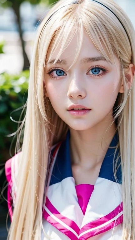 bust shot、pink sailor suit、uniform、Very beautiful Swedish 16 year old beautiful girl、shiny dazzling shiny skin、Beautiful messy bangs between the eyes、Very long and straight silky beautiful platinum blonde、super long straight hair、eyeliner、small face、big、 Beautifully shining clear marine blue eyes that are huge、Beautiful and bright girl、crawl on all fours、shy look、cheek gloss highlight