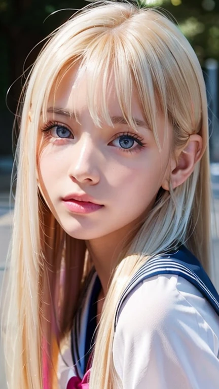bust shot、pink sailor suit、uniform、Very beautiful Swedish 16 year old beautiful girl、shiny dazzling shiny skin、Beautiful messy bangs between the eyes、Very long and straight silky beautiful platinum blonde、super long straight hair、eyeliner、small face、big、 Beautifully shining clear marine blue eyes that are huge、Beautiful and bright girl、crawl on all fours、shy look、cheek gloss highlight