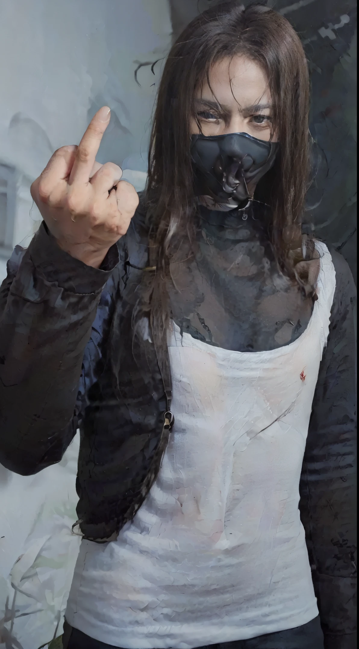 A man wearing a mask in the hills, (((showing middle finger))), cool outfit, ((make fuck symbol with hand)), (((fuck finger)))