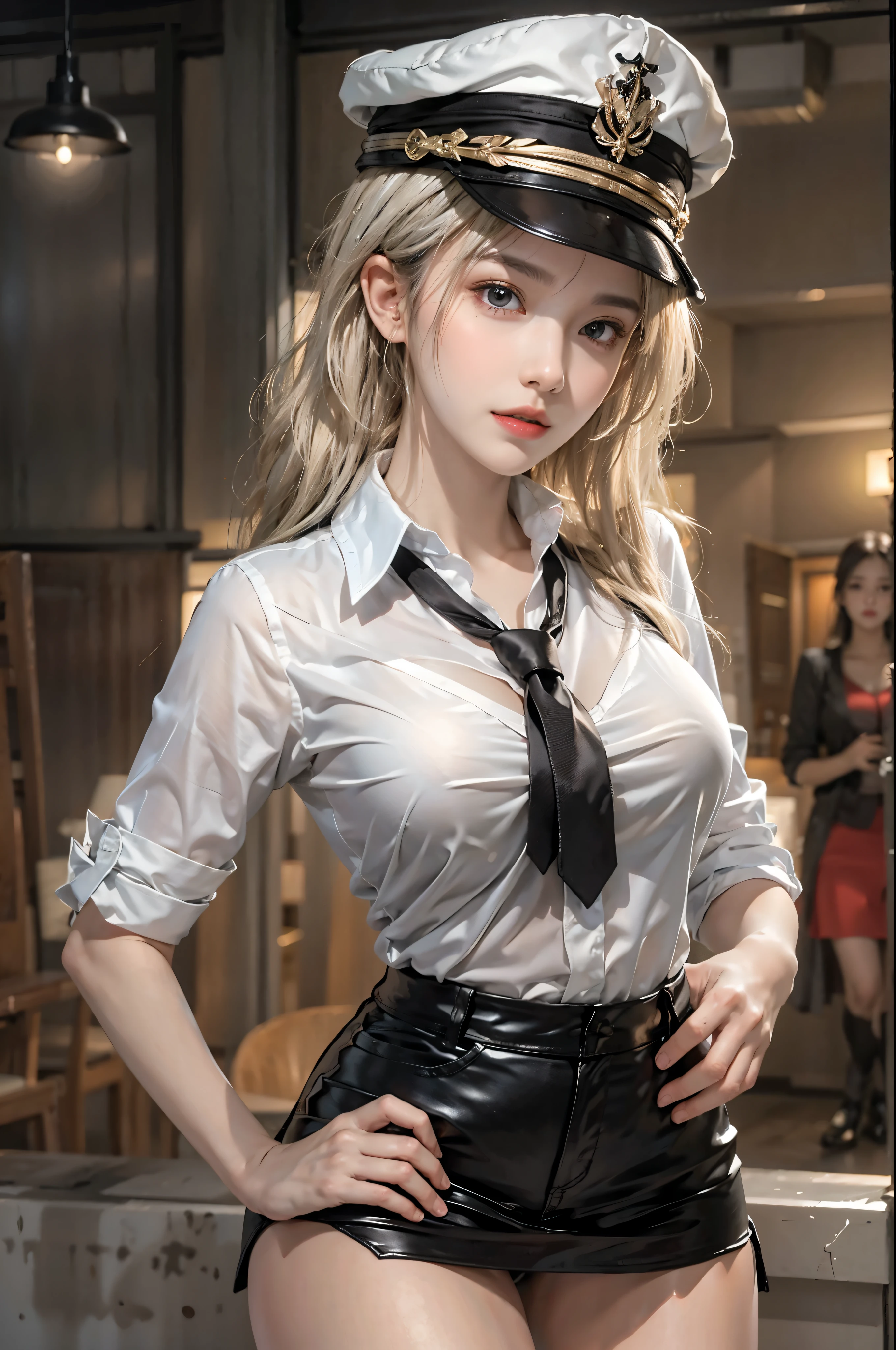 realistic, High resolution, soft light,1 female, alone, hip up, glowing skin, (detailed face),tattoo, jewelry, secretary clothes, white shirt, black skirt, black stockings, garter belt, night, blonde hair, wavy hair, Beautiful Soldier, Eyes that invite the viewer, spouse'point of view, attractive appearance, sexy smile, perfect style, perfect balance, fine skin, naughty look, I can see your breasts
