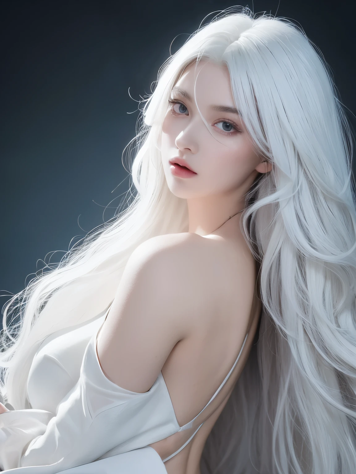 masterpiece, best quality, nearly perfect, (perfect face:1.1), (high detail:1.1), dramatic, (1 person), pale skin, (long pure white hair:1.4), white eyes, Otto Sepalainen, alone, long hair, white luxury suit, cover navel, snob, Albinism, Luminous Studio graphics engine, Pouting, Demonic Magician, Volumetric lighting, delicate eyes, (8k wallpaper masterpiece), Super detailed, intricate details, Absolutely pixel perfect, Rose, Fashion, side, looking at the audience, BalenciagaStyle