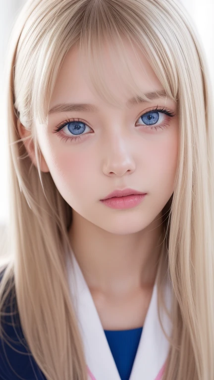 bust shot、pink sailor suit、uniform、Very beautiful Swedish beautiful girl、shiny dazzling shiny skin、Beautiful messy bangs between the eyes、Very long and straight silky beautiful platinum blonde、super long straight hair、eyeliner、small face、big、 Beautifully shining clear marine blue eyes that are huge、Beautiful and bright girl、crawl on all fours、shy look、cheek gloss highlight