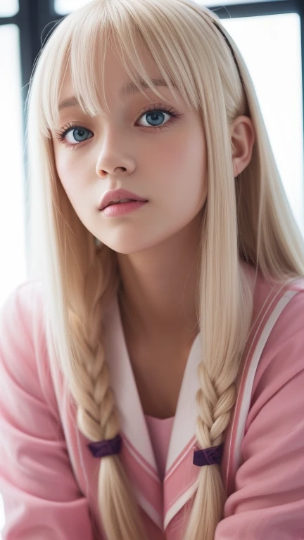 bust shot、pink sailor suit、uniform、Very beautiful Swedish 16 year old beautiful girl、shiny dazzling shiny skin、Beautiful messy bangs between the eyes、Very long and straight silky beautiful platinum blonde、super long straight hair、eyeliner、small face、big、 Beautifully shining clear marine blue eyes that are huge、Beautiful and bright girl、crawl on all fours、shy look、cheek gloss highlight