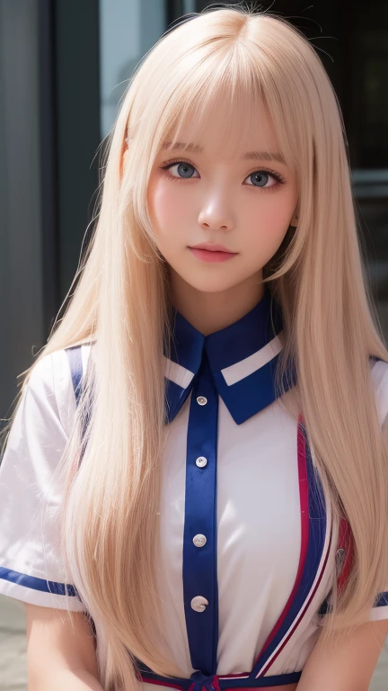 bust shot、pink sailor suit、uniform、Very beautiful Swedish 16 year old beautiful girl、shiny dazzling shiny skin、Beautiful messy bangs between the eyes、Very long and straight silky beautiful platinum blonde、super long straight hair、eyeliner、small face、big、 Beautifully shining clear marine blue eyes that are huge、Beautiful and bright girl、crawl on all fours、shy look、cheek gloss highlight
