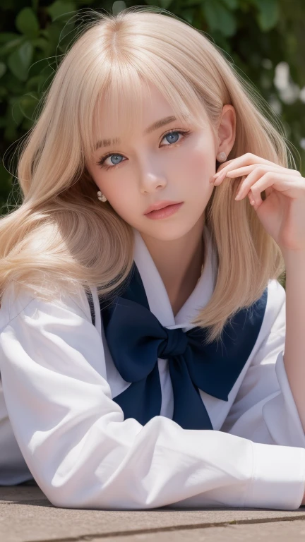 bust shot、pink sailor suit、uniform、Very beautiful Swedish beautiful girl、shiny dazzling shiny skin、Beautiful messy bangs between the eyes、Very long and straight silky beautiful platinum blonde、super long straight hair、eyeliner、small face、big、 Beautifully shining clear marine blue eyes that are huge、Beautiful and bright girl、crawl on all fours、shy look、cheek gloss highlight