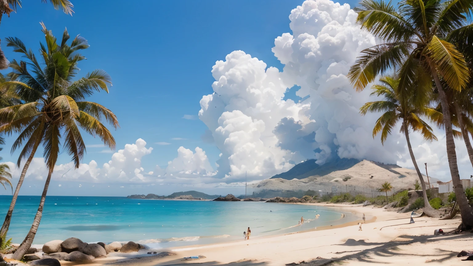 crea una imagen 4k hd hiperrealistade una playa en hora azul olas rompen piedras ,palmeras luz atraves de las ojas de palmas