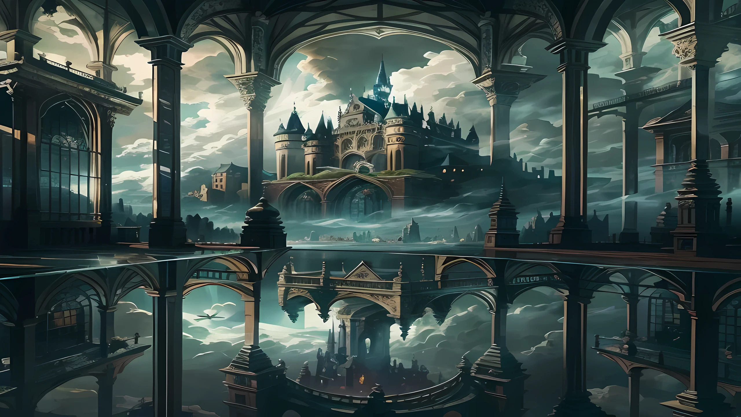a close up of a castle with a clock tower in the middle of it, symmetrical epic fantasy art, fantasy architecture, detailed fantasy digital art, wide angle fantasy art, detailed digital 2d fantasy art, highly detailed fantasy art, gothic epic library concept, fantasy cityscape, digital 2d fantasy art, breathtaking fantasy art, gothic epic library, dark fantasy city