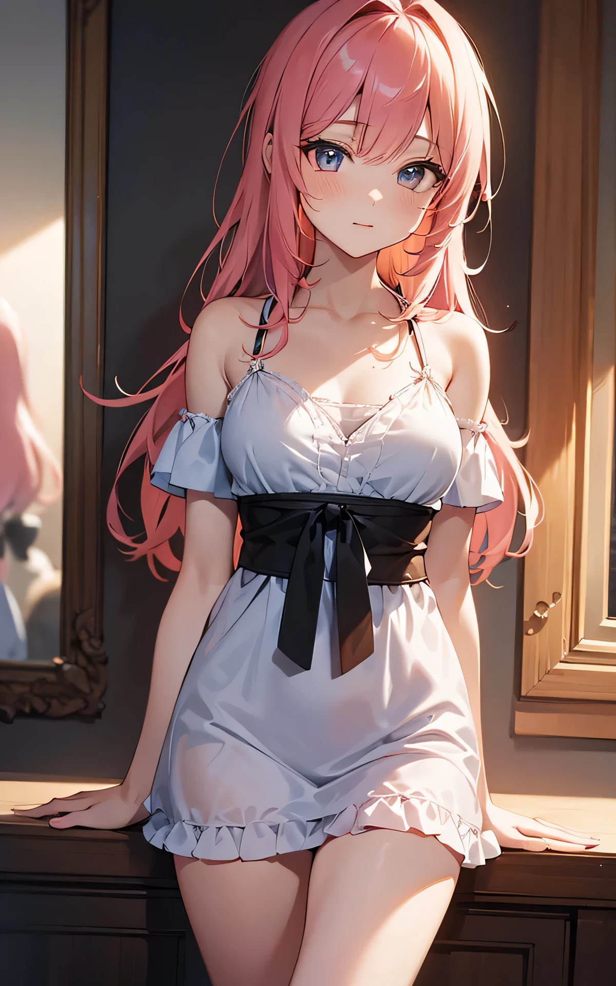 (Unity 16K Wallpaper, Masterpiece, Best Quality, Ultra Detailed, Extremely Detailed CG, Ultra High Resolution, Caustics, Detailed, Beautiful Detailed Eyes, solo, curby:1.3, negligee, all fours:1.3), fine skin, pink hair, brown eyes