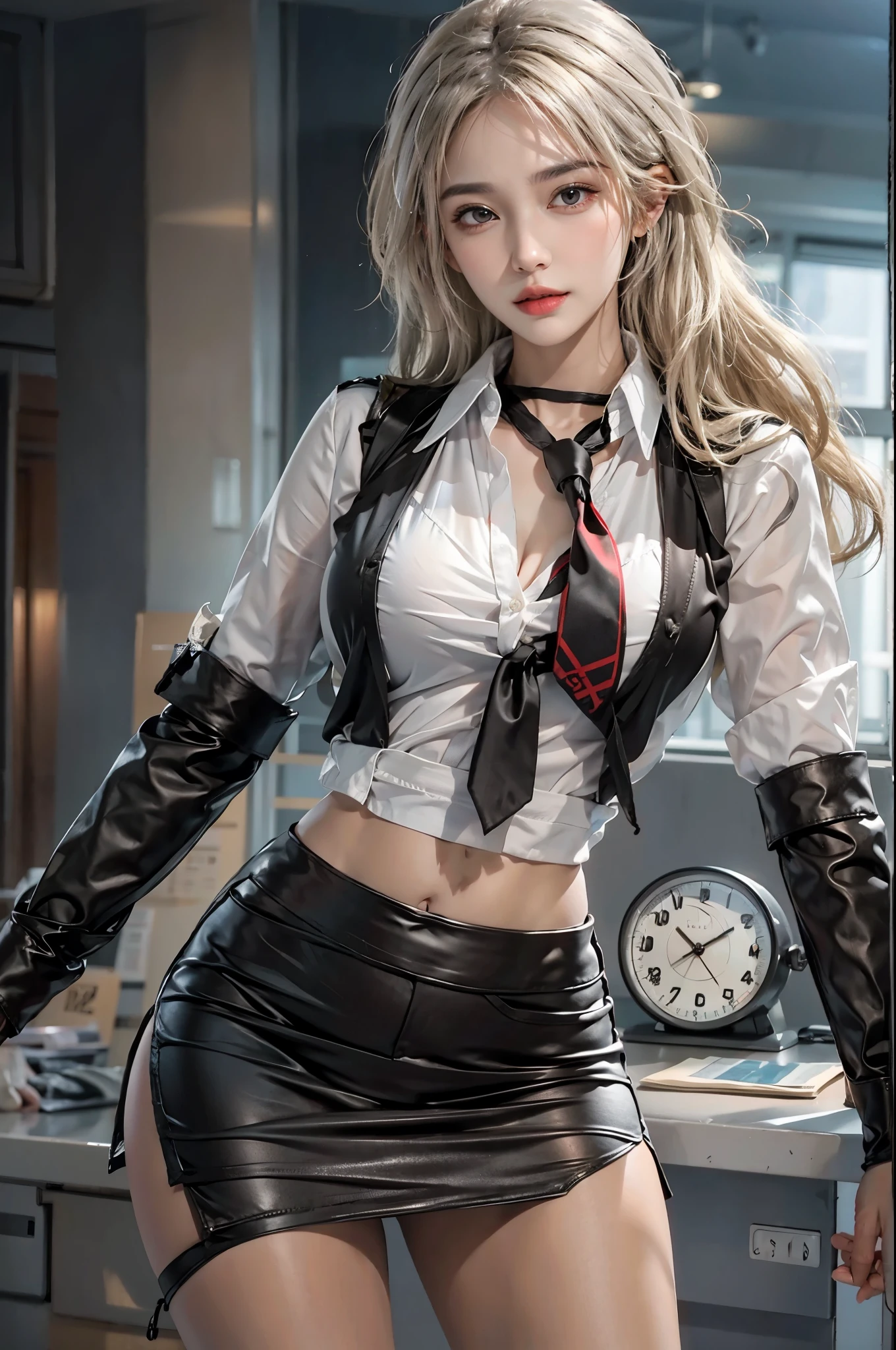 realistic, High resolution, soft light,1 female, alone, hip up, glowing skin, (detailed face),tattoo, jewelry, Secretarial Uniform, white shirt, black skirt, black stockings, garter belt, night, blonde hair, wavy hair, Beautiful Soldier, Eyes that invite the viewer, lover's perspective, an inviting look, sexy smile, perfect style, perfect balance, fine skin, naughty look, I can see your chest