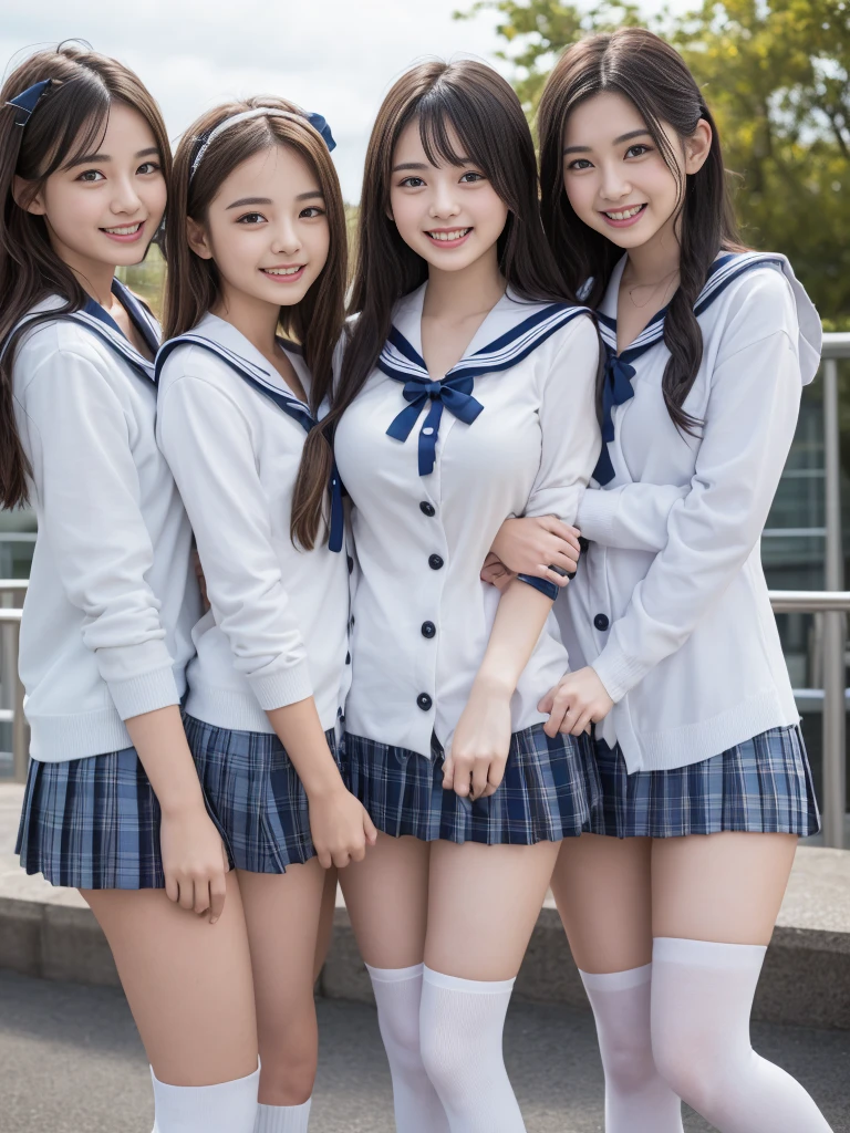 highest quality, High resolution, 8K, Beautiful teenage girl、(three women),cute hairstyle、white sailor suit,white sailor collar、Cute plaid pleated skirt、Cute colored school cardigan、bright colored knee high socks、perfect skin,(huge breasts:1.2)、Look at me happily、smile、laughter、sexual expression、Upper body、amusement park