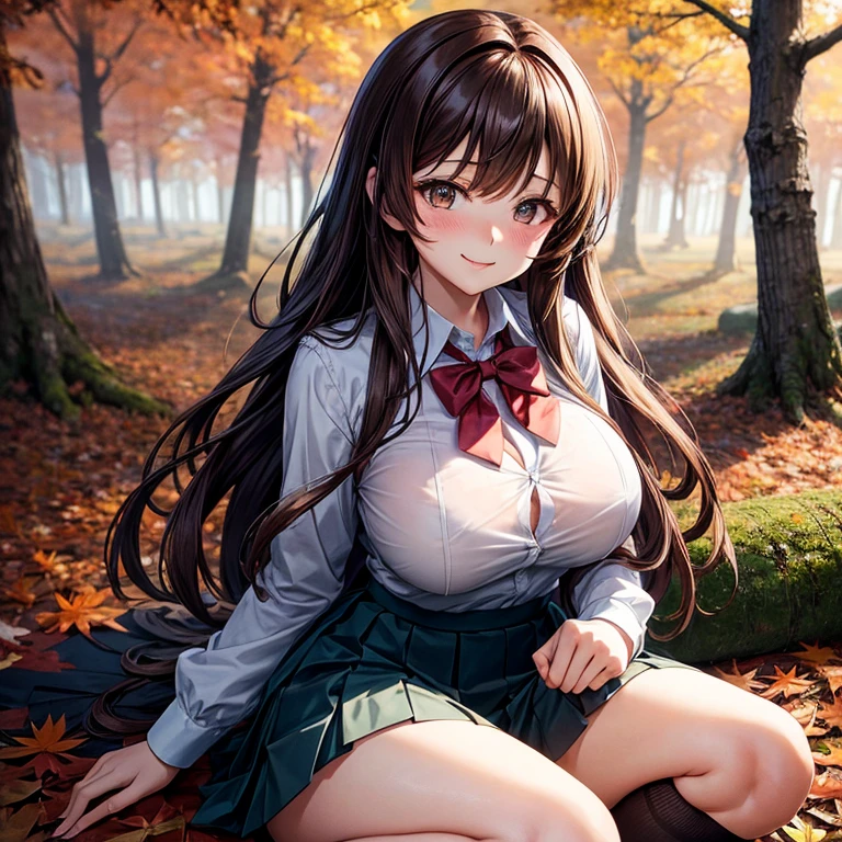 Anime girl in the middle of the autumn forest with super big breasts and detailed school uniform with a dress shirt opening it showing her bra and revealing one of her breasts NSFW smiling with a blushing face wearing a pleated mini skirt with long brown hair.