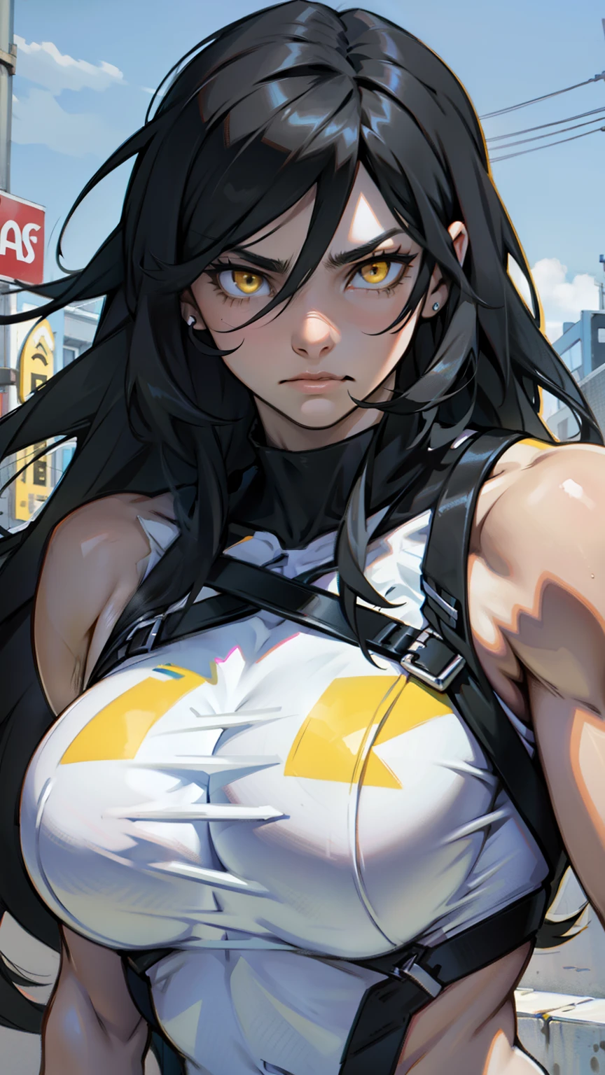 sad pale muscular girl large breasts hair between eyes long hair black hair yellow eyes