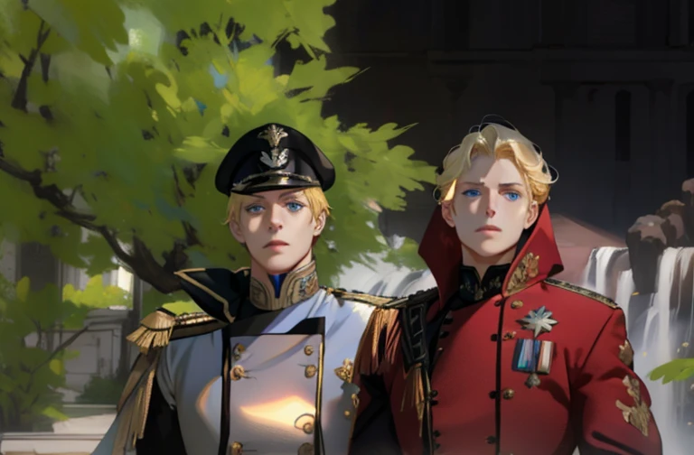 (masterpiece, best quality), 1 male, mature, aged up:1.4, tall muscular guy, broad shoulders, finely detailed eyes and detailed face, extremely detailed CG unity 8k wallpaper, intricate details, Fantasy, royal, nobleman, Admiral, short hair, blonde hair, blue eyes, fleet commander, navy, commander, white uniform, ocean, cloudy sky, wave