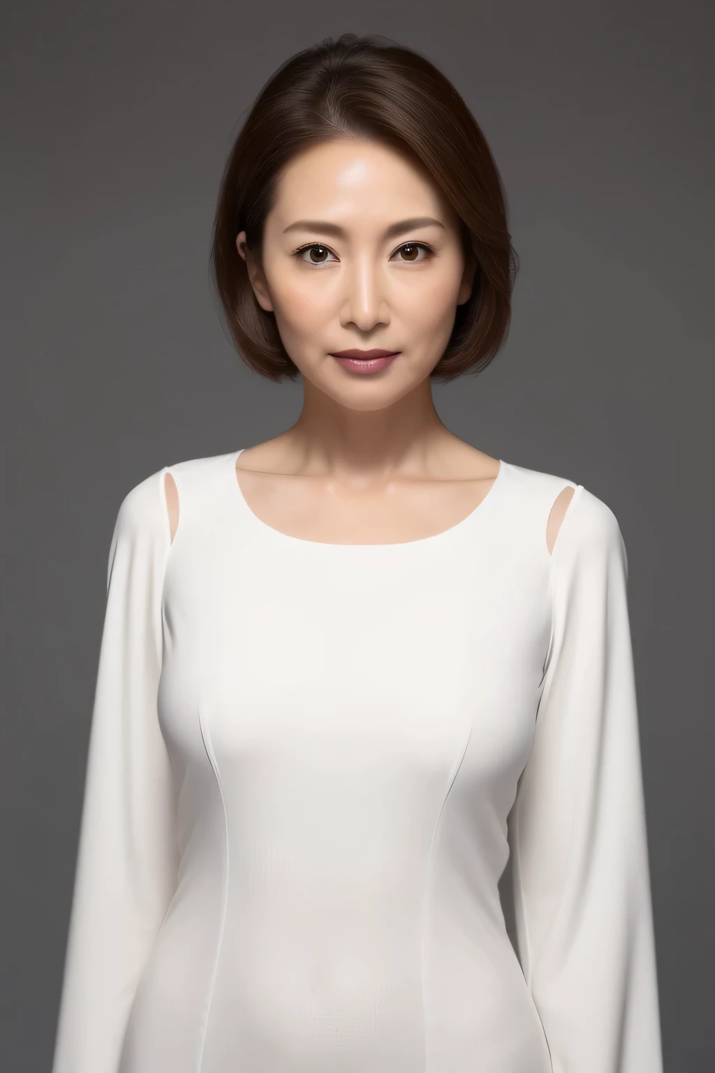 High resolution, High level image quality, high detail, masterpiece, rough skin, anatomically correct, sharp, gray background((japanese mature, 40 years)), alone, ((facial wrinkles)), good shape big breasts, Straight light brown hair that reaches to the shoulders, Chubby body type (((stand upright, facing the center of the screen.))), Close your mouth and look straight ahead with a serious face, pure white tight dress, ((cowboy shot)),
