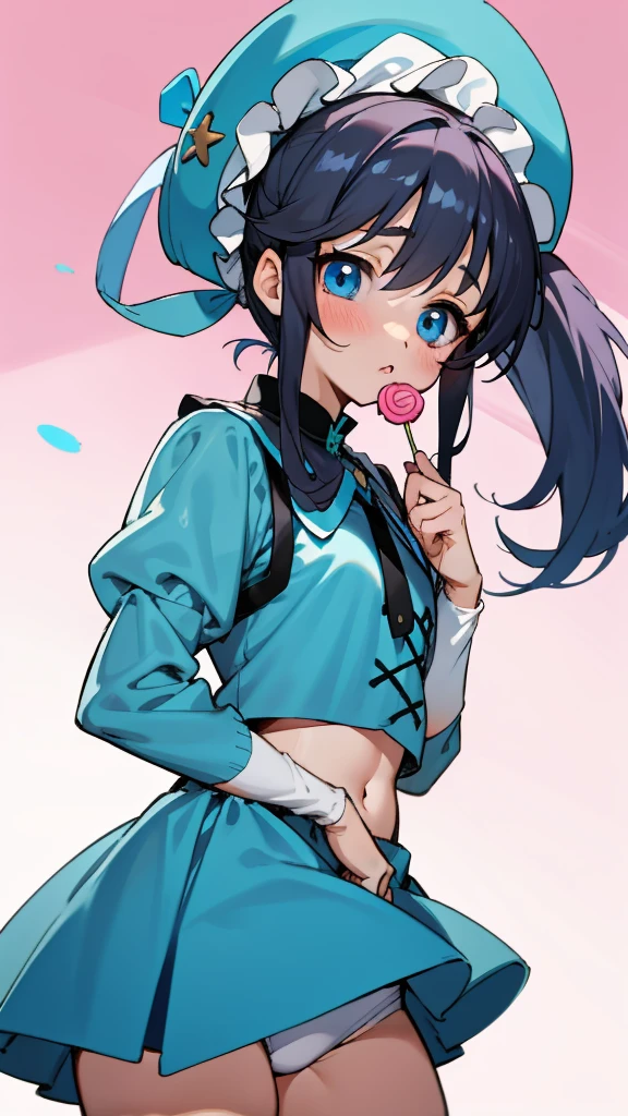 A girl with long black ponytails，Wearing a light blue tight-fitting midriff-baring dress，Light blue clothes，****ta style，Bonnet hat，baby blue eyes，teaxs，big eyes，lollipop，Du Qiong，anime girl