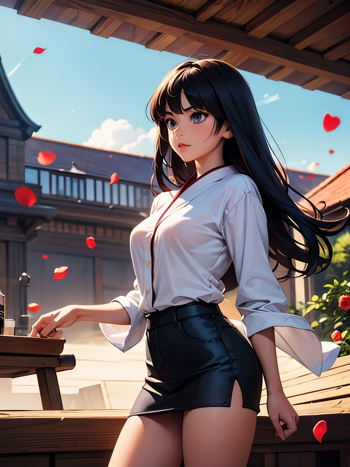 Kate Greenaway, Rumiko Takahashi, Surreal, mysterious, strange, fantastical, fantasy, Sci-fi, Japanese anime, a crumbling tower made of wooden chairs, dancing rose petals, a beautiful girl in a miniskirt painting the world, blue sky, clouds, perfect voluminous body, detailed masterpiece sharp focus