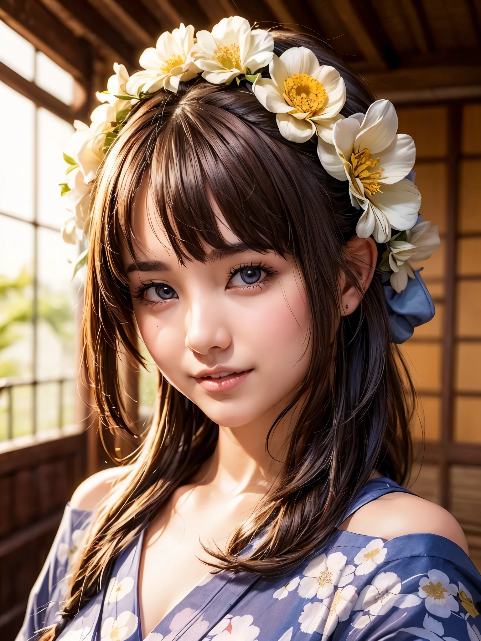 (1 young girl), very cute face, wonderful face and eyes, (highly detailed eyes, highly detailed face), Fresh, very beautiful appearance, (超realistic, High resolution), (highest quality:1.4), RAW photo, (realistic, Photoreal:1.37), professional photography, (floral pattern yukata:1.5), (Open yukata), (cleavage:1.2), (bare shoulders), smile a little, (look at me), Bedroom, girl portrait,