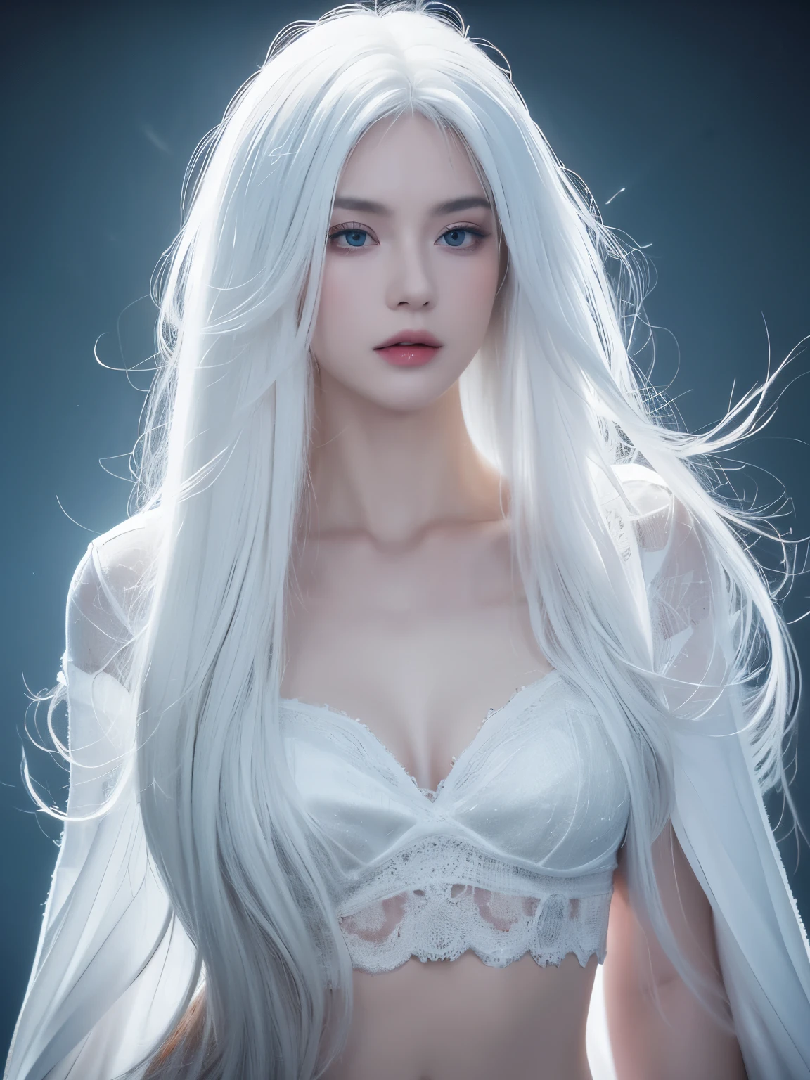 masterpiece, best quality, nearly perfect, (perfect face:1.1), (high detail:1.1), dramatic, (1 person), pale skin, (long pure white hair:1.4), white eyes, Otto Sepalainen, alone, long hair, white luxury suit, cover navel, snob, Albinism, Luminous Studio graphics engine, Pouting, Demonic Magician, Volumetric lighting, delicate eyes, (8k wallpaper masterpiece), Super detailed, intricate details, Absolutely pixel perfect, Rose, Fashion, side, looking at the audience, BalenciagaStyle