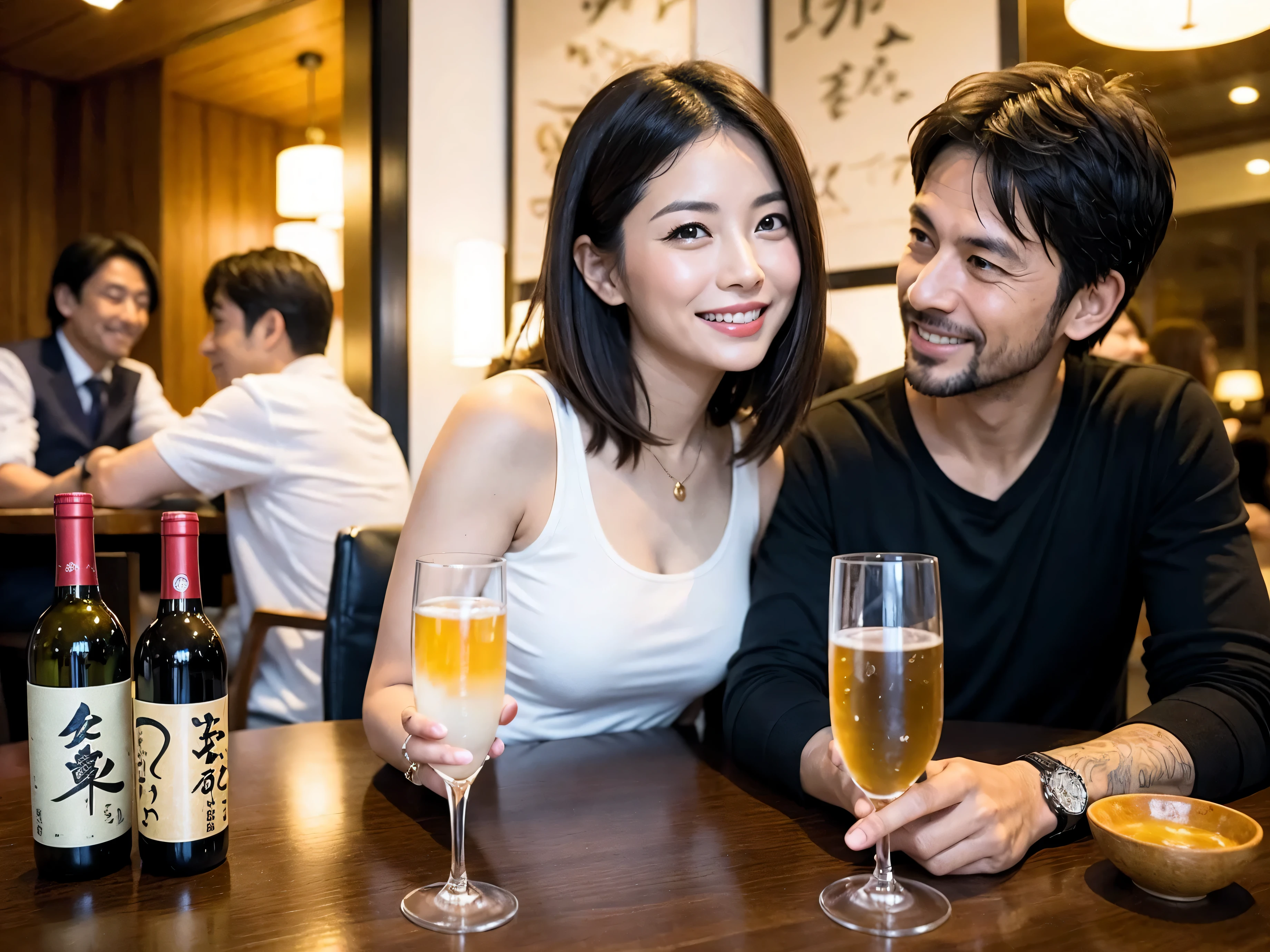 Detailed images that look like they were taken with a high-end camera、party、couple、banquet、Japanese sake、Shochu、hot sake、Japanese sakeファン、I love Japanese sake、because I'thin、Women who drink alcohol、36 years old、38 years old、Colombia、Brazilian、Japanese、Dutch、German、Portuguese、Belgian、chiri、American、french、Spaniard、Italian、Indian、Englishman、Cut your hair short、brown hair、beautiful woman with glasses and cup、Japanese sakeグラスとワイングラスには清酒が入っています.、720m of Japanese sake、1.You can also see the 8L sake bottle...、There is also Choshi、adult woman in her 30s、Have a nice smile while enjoying a drink.、The location is a hotel restaurant..、You can see the beautiful night view of the city outside the window..、The floor is the 1st floor、In the background you can see a man and a woman enjoying alcohol...。