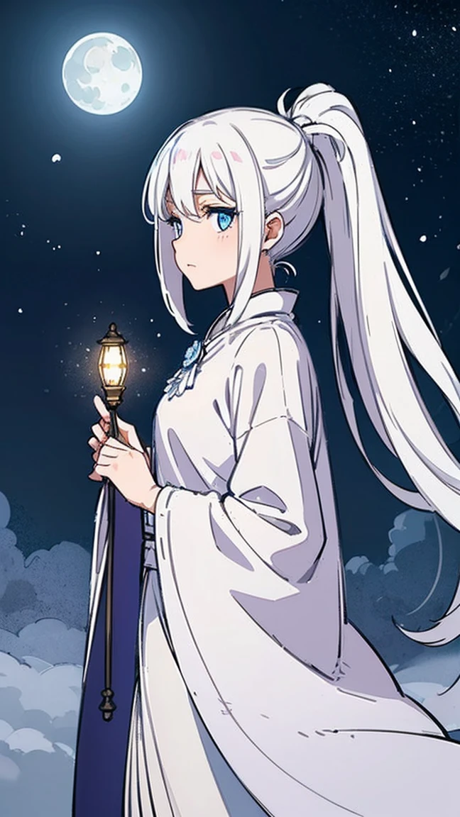 masterpiece, (best quality: 1.2), (Super fine: 1.2), illustration, (extremely delicate and beautiful: 1.2), film angle, floating, (beautiful details eyes: 1.1), (细节lamp: 1.1), lamp, Exquisite sky, Miss, white hair, blue eyes, (high ponytail: 1.1), cloak, glowing eyes, (moon: 1.2), (moonlight: 1.1), starry sky, (light particles: 1.1), FOG , Snow painting, sketch, bloom