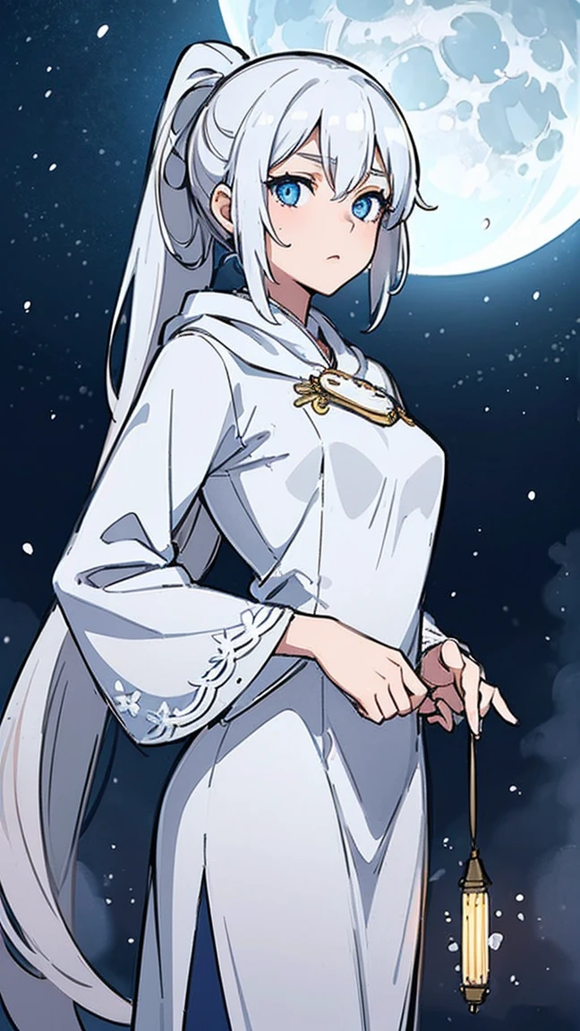 masterpiece, (best quality: 1.2), (Super fine: 1.2), illustration, (extremely delicate and beautiful: 1.2), film angle, floating, (beautiful details eyes: 1.1), (细节lamp: 1.1), lamp, Exquisite sky, Miss, white hair, blue eyes, (high ponytail: 1.1), cloak, glowing eyes, (moon: 1.2), (moonlight: 1.1), starry sky, (light particles: 1.1), FOG , Snow painting, sketch, bloom
