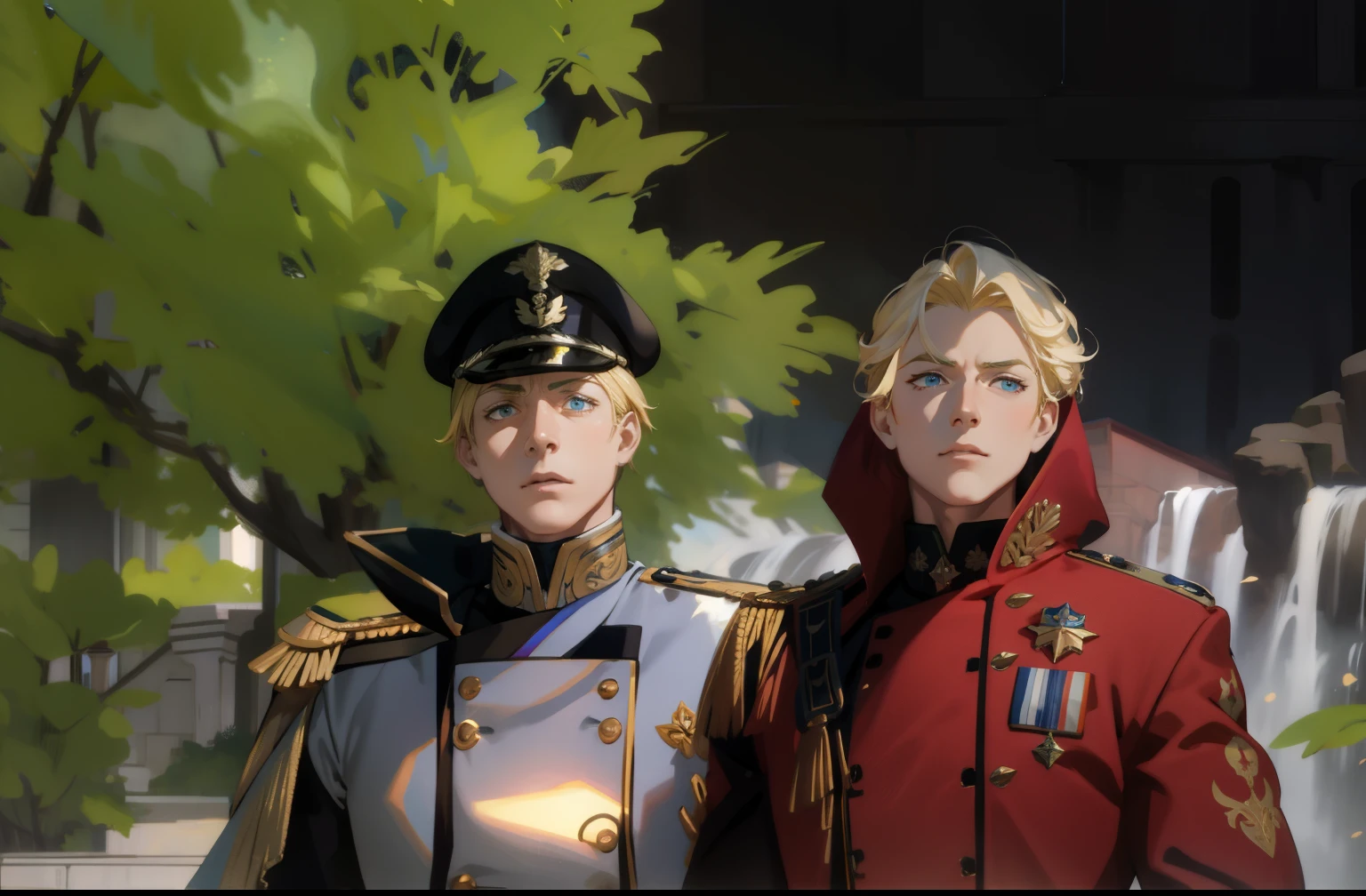 (masterpiece, best quality), 1 male, mature, aged up:1.4, tall muscular guy, broad shoulders, finely detailed eyes and detailed face, extremely detailed CG unity 8k wallpaper, intricate details, Fantasy, royal, nobleman, Admiral, short hair, blonde hair, blue eyes, fleet commander, navy, commander, white uniform, ocean, cloudy sky, wave
