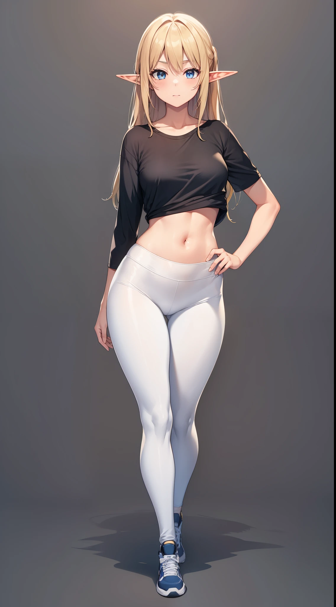 young human woman, wide hips, small waist, long legs, small breasts, golden hair, blue eyes, elf ears, tight leggings, baggy t-shirt, hd, 8k, masterpiece, full body, white background