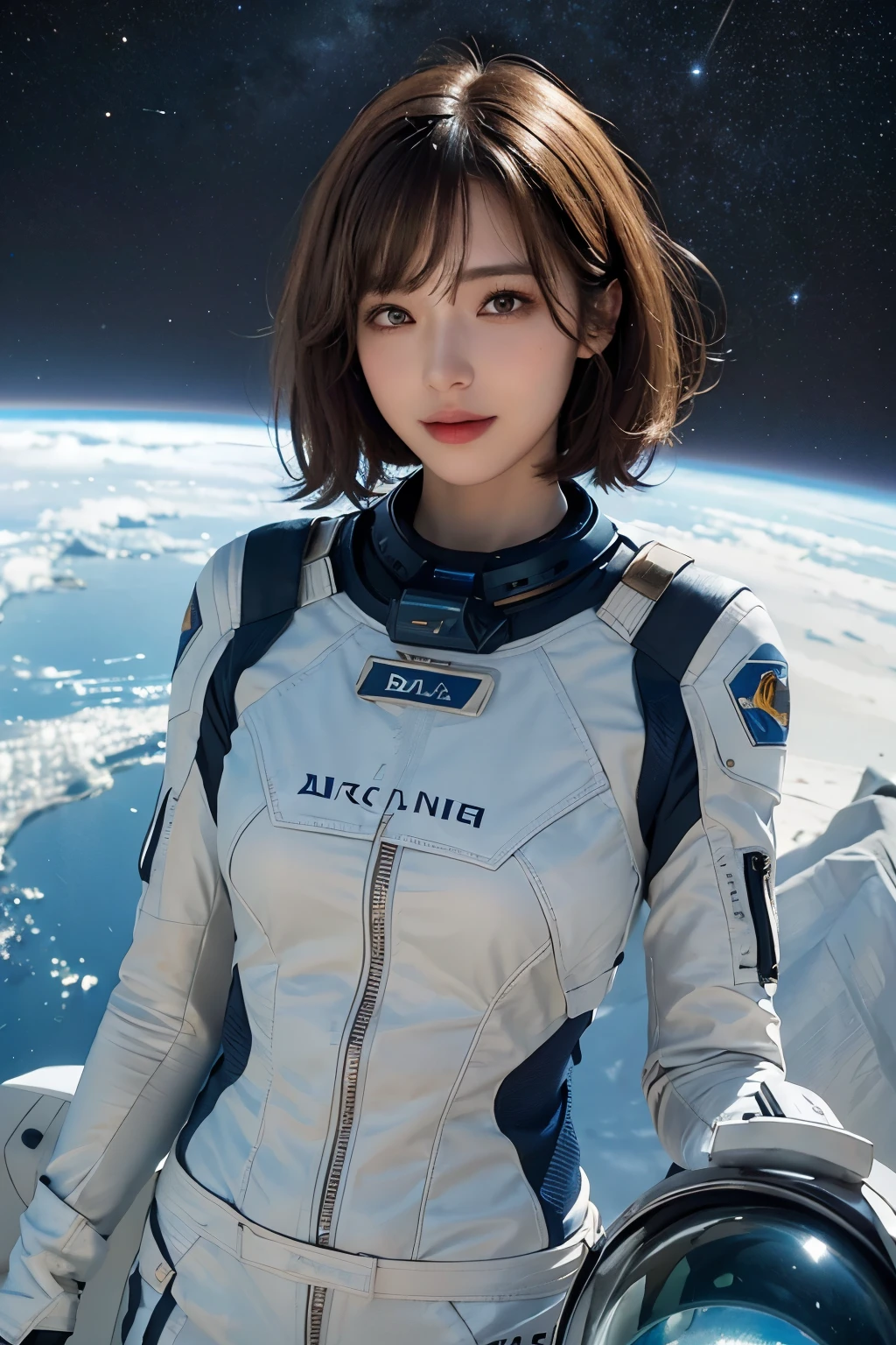 highest quality、masterpiece、ultra high resolution、(real:1.4)、Beautiful woman1、Beautiful details of eyes and skin、smile、light brown short cut hair、The perfect spacesuit、outer space、spaceship、