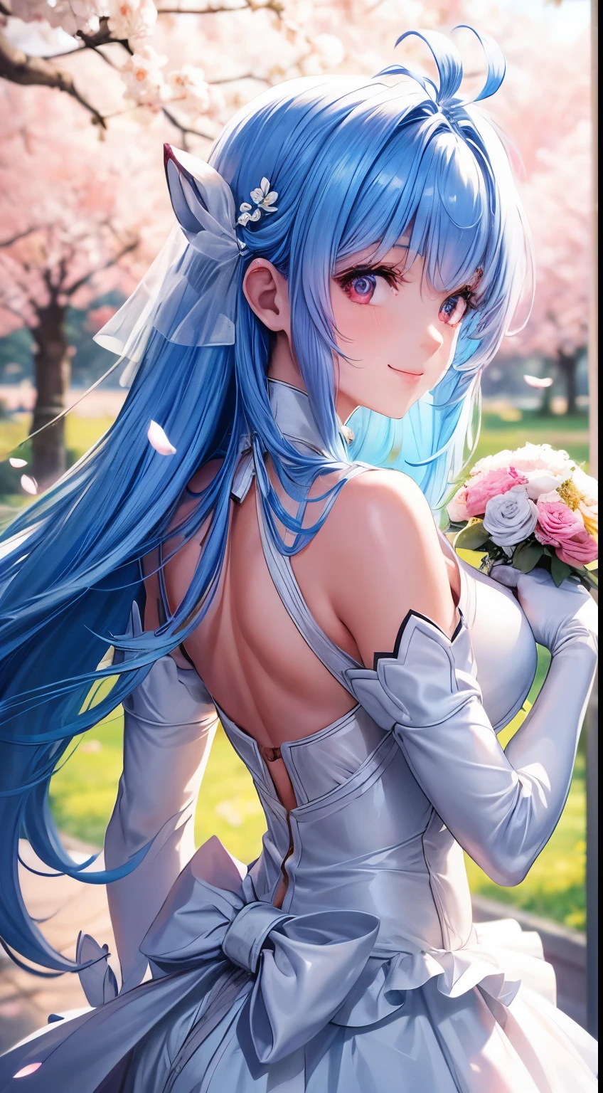 1 girl, 28 years old, bright blue hair, red eyes with Heart shaped pupils,, small breasts, master-piece, best quality, proportional body, proportional, Wedding Dresses, White Wedding Dress, Long skirt, wedding, Under the cherry blossom tree background, Cherry blossom petals are falling, outdoor, wedding, close-up of the upper body, The sky is beautiful, Both hands hold a bouquet of flowers, white gloves, Make eye contact with the camera, back figure, looking back, (light_Smile:1.5), (Detailed hands and fingers:1.2)