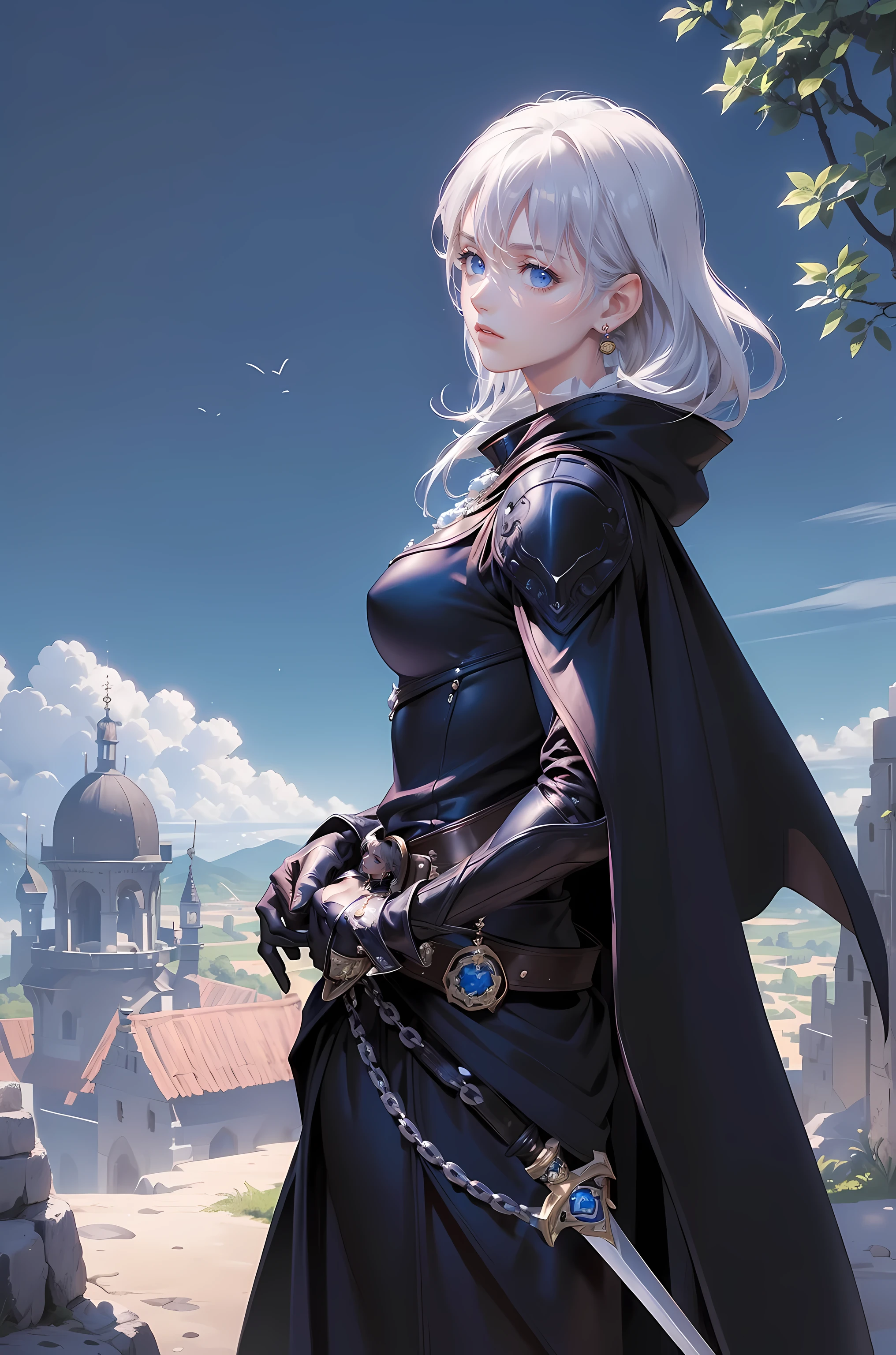 (masterpiece, best quality:1.1), thief (dq3), 1 girl, alone, short hair, white hair, blue eyes, medium breasts, pink gloves, jewelry, pearl necklace, earrings, belt, sword, Breastplate, Black Jumpsuit, Bag, (coin, sword on hip:1.2), (dutch cape, dynamic poses, from the side:1.3), (blue sky, nature:1.2) 